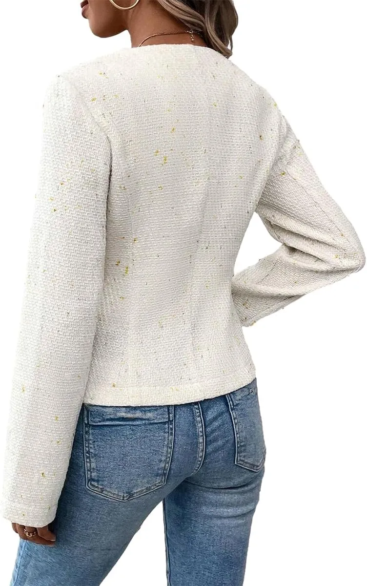 2025 Women's Spring Tweed Blazer Fully-Lined Collarless Open Front Elegant Petite Cute Fashion Casual Work Jacket