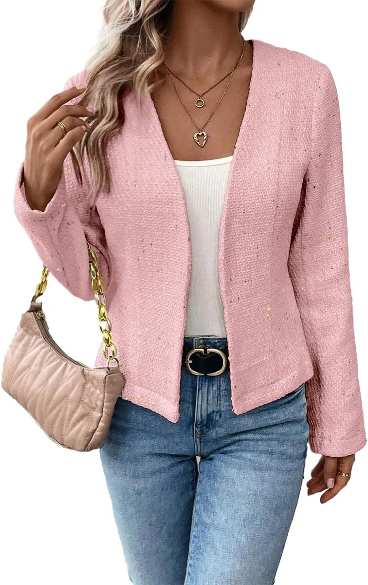 2025 Women's Spring Tweed Blazer Fully-Lined Collarless Open Front Elegant Petite Cute Fashion Casual Work Jacket