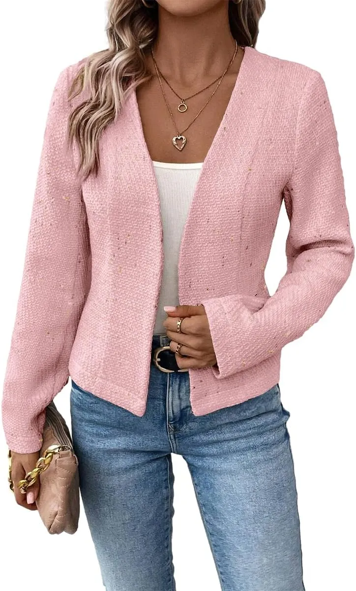 2025 Women's Spring Tweed Blazer Fully-Lined Collarless Open Front Elegant Petite Cute Fashion Casual Work Jacket