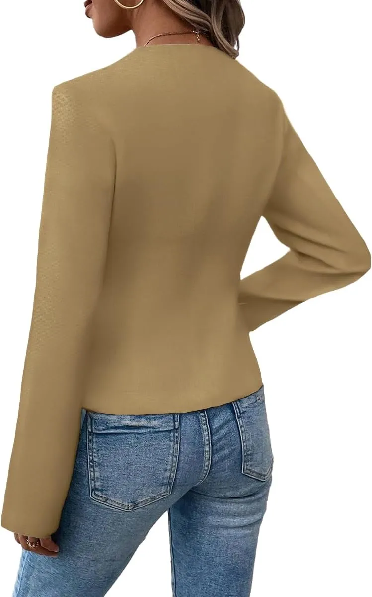 2025 Women's Spring Tweed Blazer Fully-Lined Collarless Open Front Elegant Petite Cute Fashion Casual Work Jacket