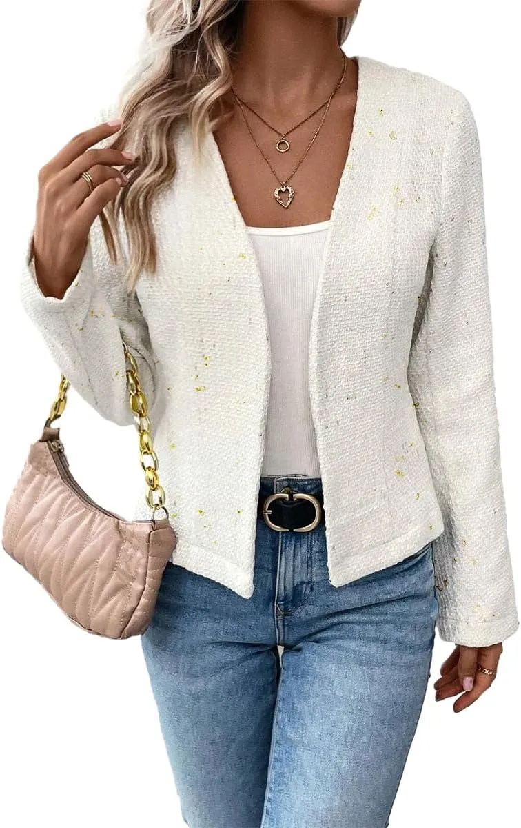 2025 Women's Spring Tweed Blazer Fully-Lined Collarless Open Front Elegant Petite Cute Fashion Casual Work Jacket