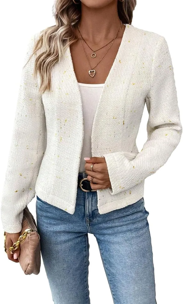 2025 Women's Spring Tweed Blazer Fully-Lined Collarless Open Front Elegant Petite Cute Fashion Casual Work Jacket