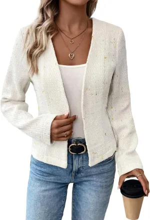 2025 Women's Spring Tweed Blazer Fully-Lined Collarless Open Front Elegant Petite Cute Fashion Casual Work Jacket