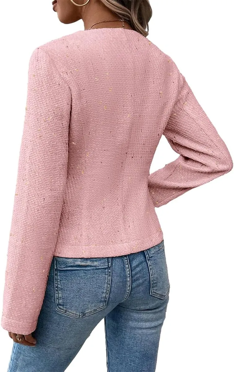 2025 Women's Spring Tweed Blazer Fully-Lined Collarless Open Front Elegant Petite Cute Fashion Casual Work Jacket