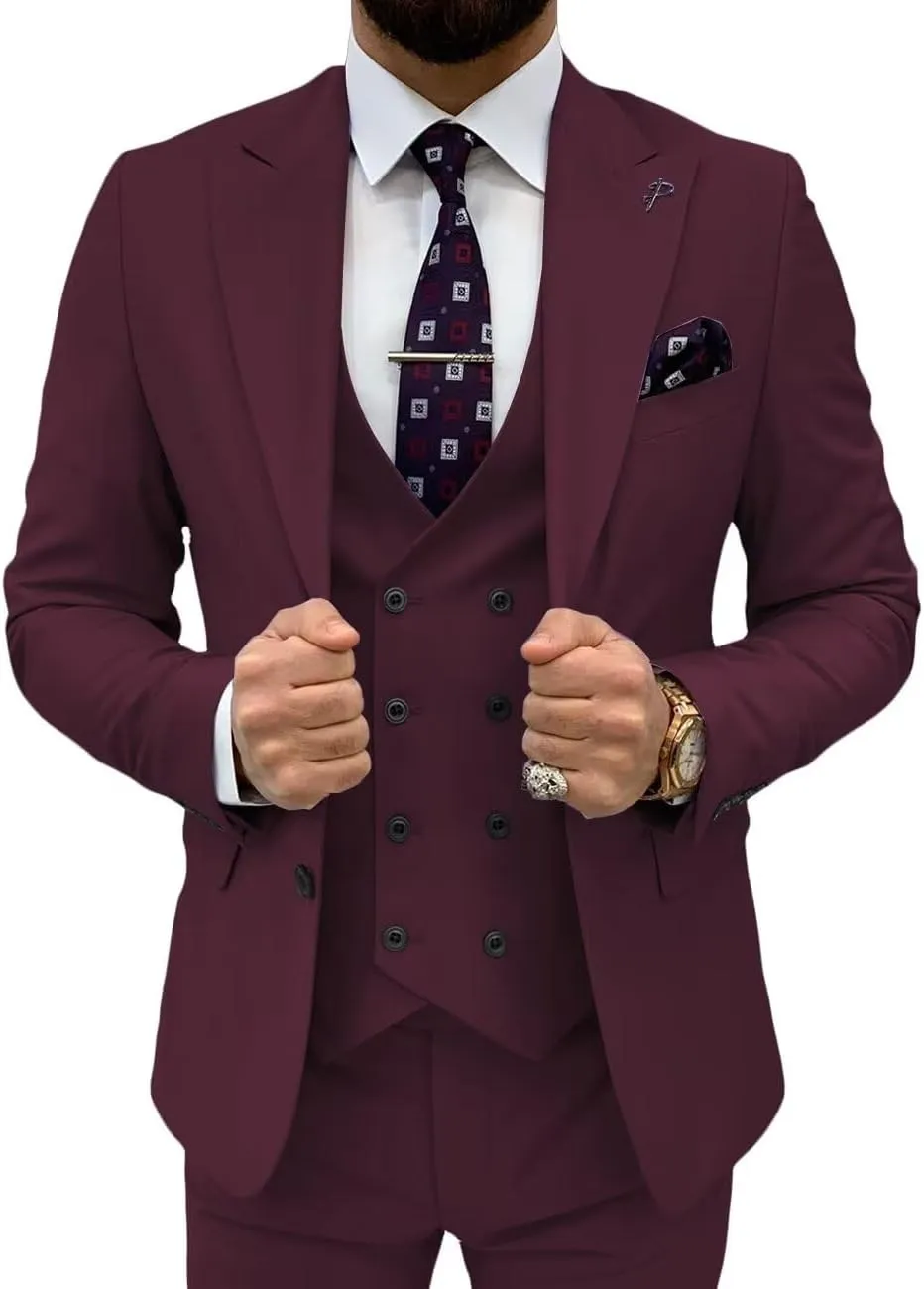 3 Piece Suit Men Slim Fit Double Breasted Suit for Men Wedding Suits Classic One Button Formal Prom Dinner Tuxedo