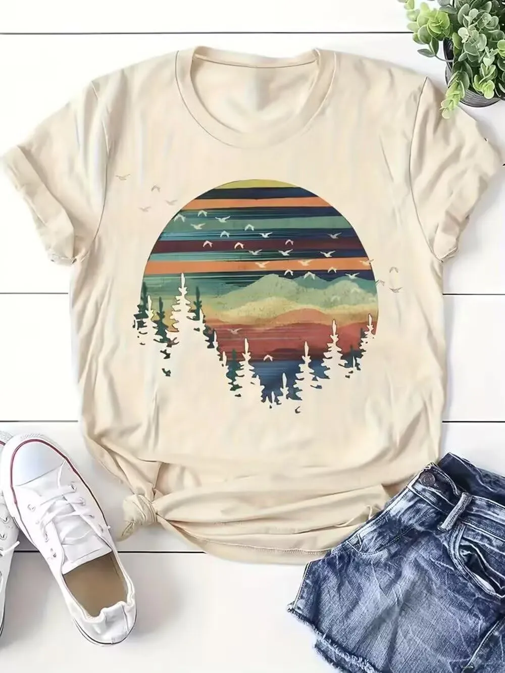 Adventure Awaits Outdoor Graphic T Shirt Women Retro Colorful Print Tees Hike Mountain Nature Travel Shirt Workout Tops