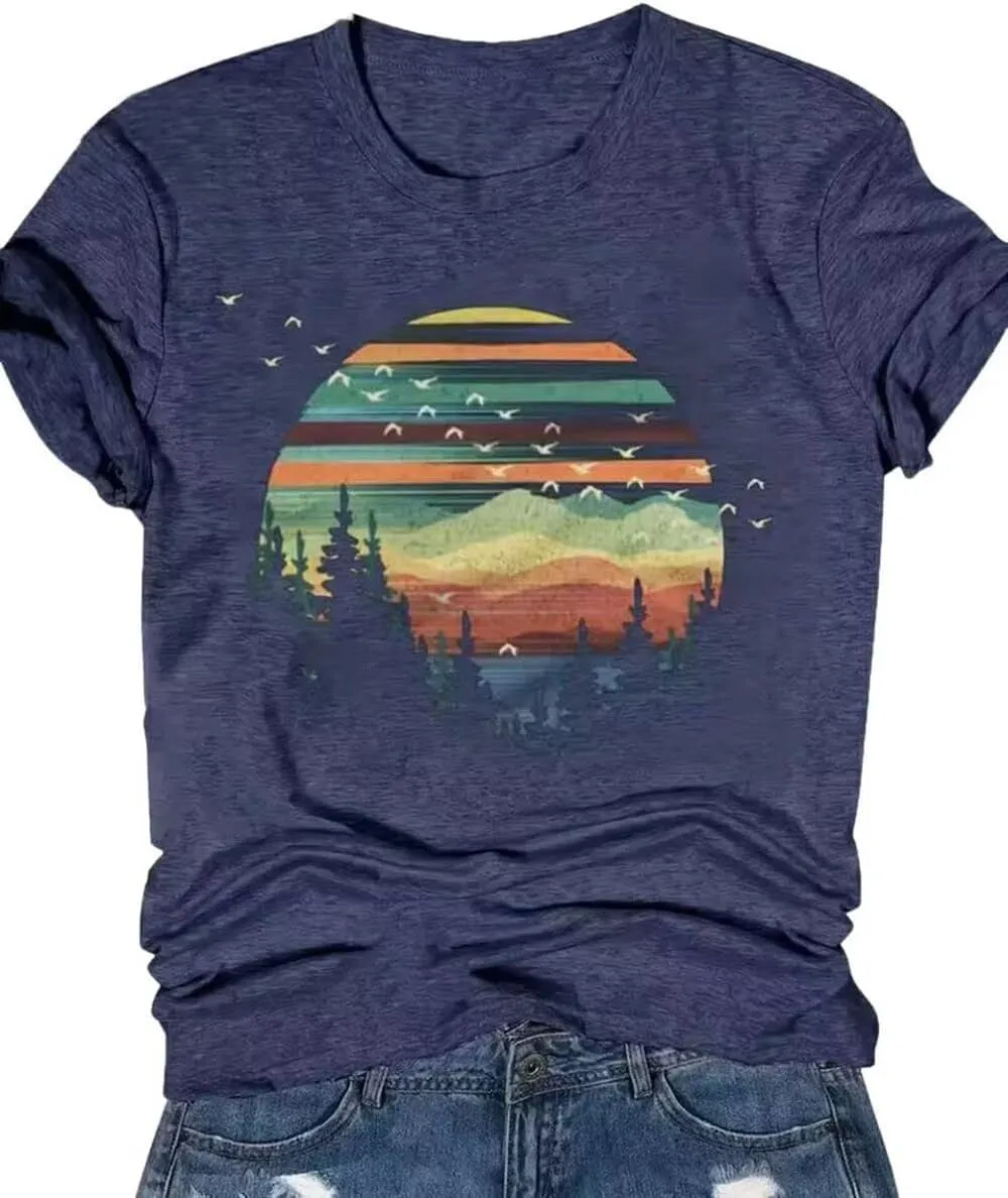 Adventure Awaits Outdoor Graphic T Shirt Women Retro Colorful Print Tees Hike Mountain Nature Travel Shirt Workout Tops