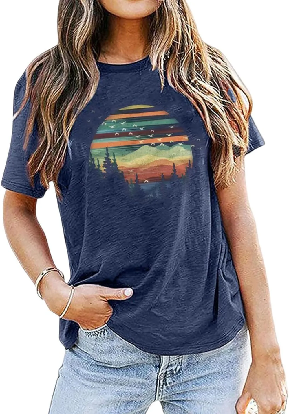 Adventure Awaits Outdoor Graphic T Shirt Women Retro Colorful Print Tees Hike Mountain Nature Travel Shirt Workout Tops