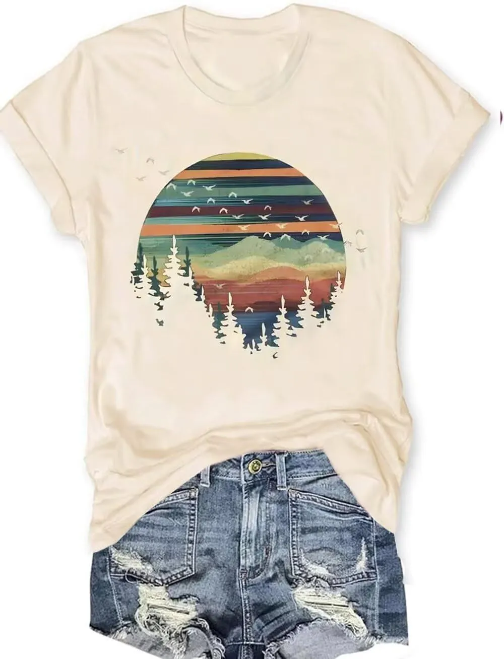 Adventure Awaits Outdoor Graphic T Shirt Women Retro Colorful Print Tees Hike Mountain Nature Travel Shirt Workout Tops