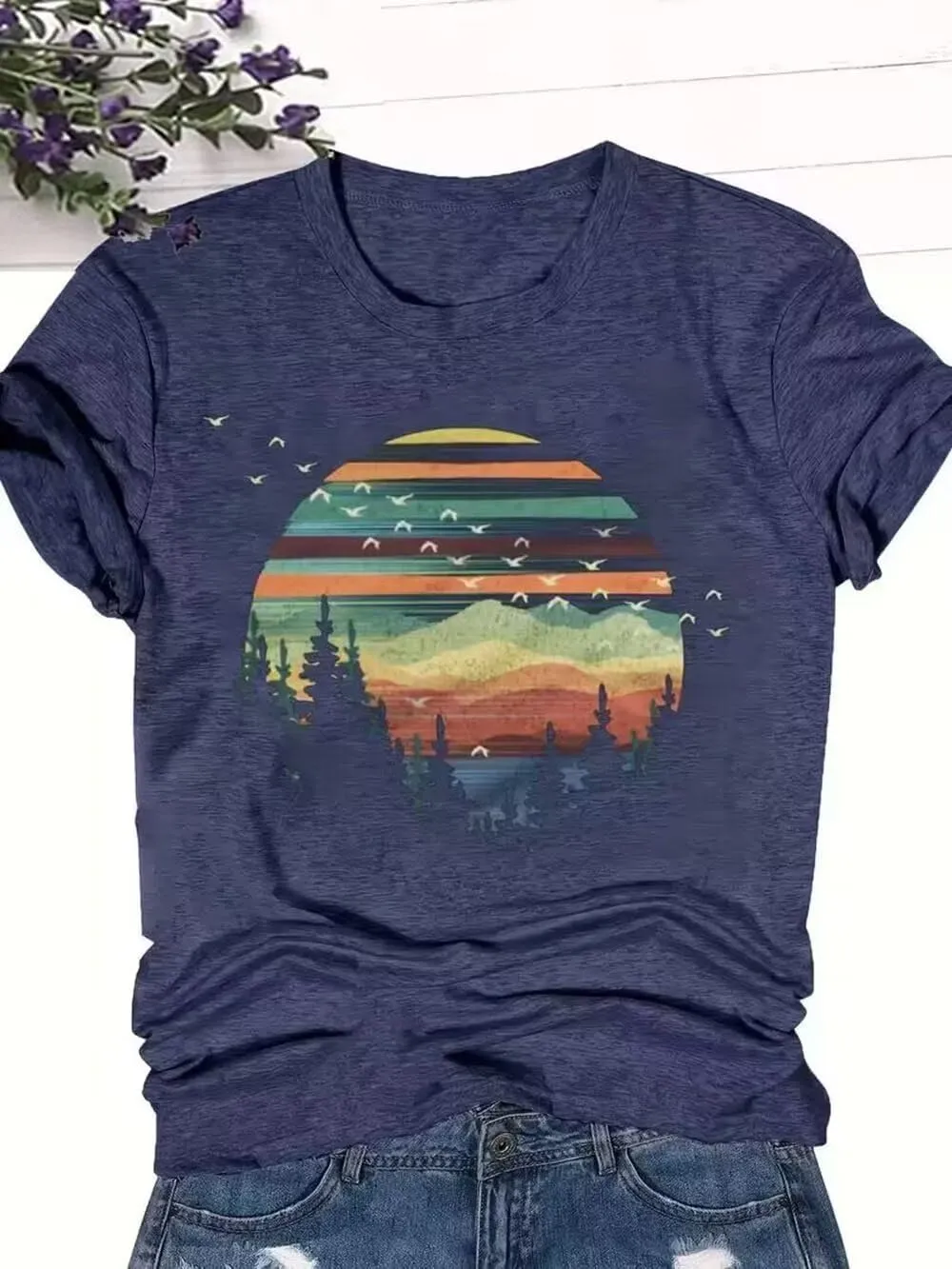 Adventure Awaits Outdoor Graphic T Shirt Women Retro Colorful Print Tees Hike Mountain Nature Travel Shirt Workout Tops