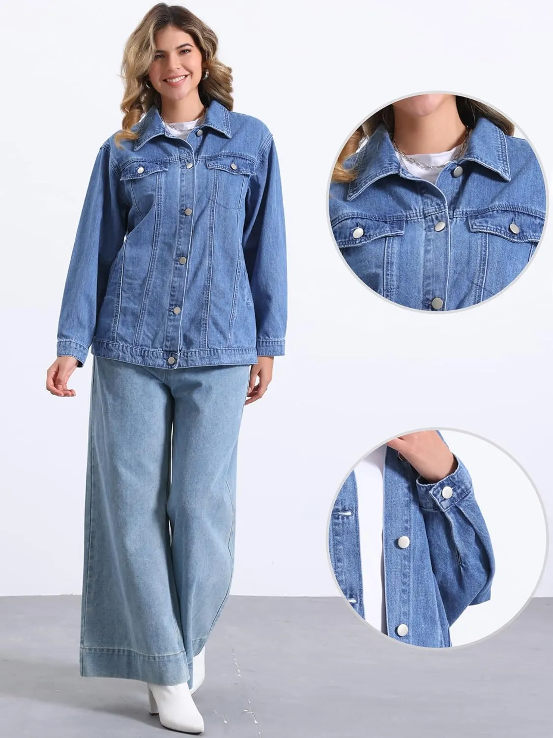 Allegra K Long Denim Jacket for Women's Oversized Long Sleeve Pocket Jean Jacket