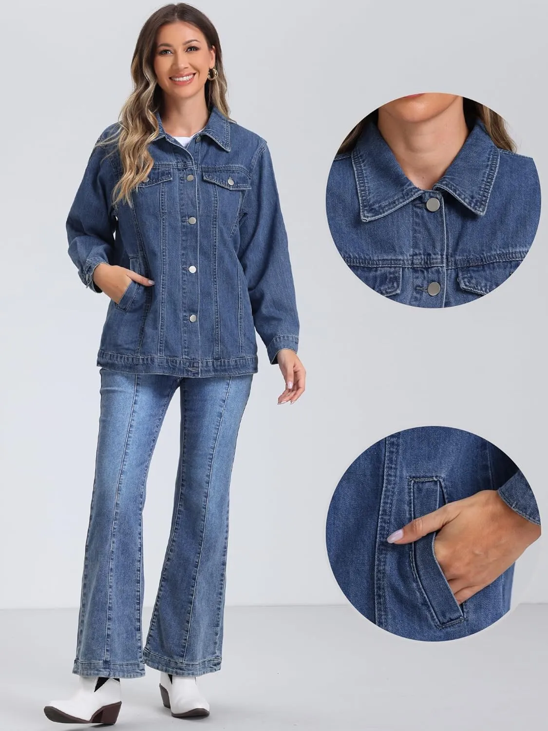 Allegra K Long Denim Jacket for Women's Oversized Long Sleeve Pocket Jean Jacket