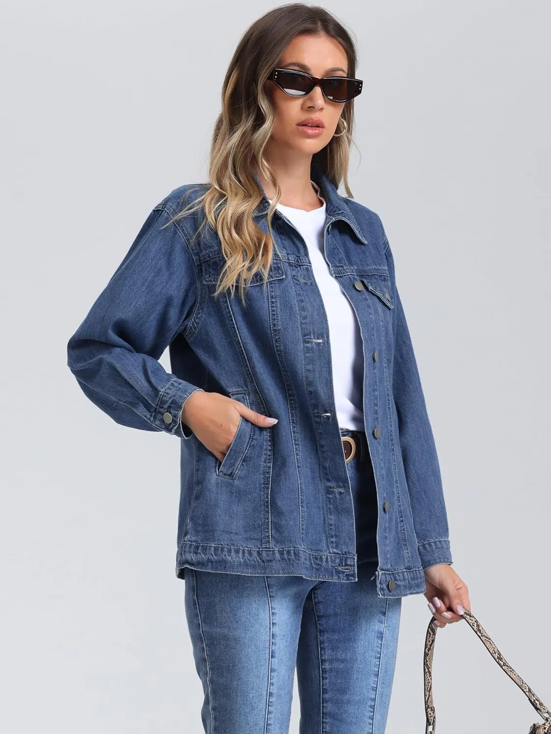 Allegra K Long Denim Jacket for Women's Oversized Long Sleeve Pocket Jean Jacket