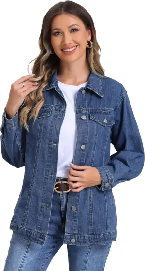 Allegra K Long Denim Jacket for Women's Oversized Long Sleeve Pocket Jean Jacket