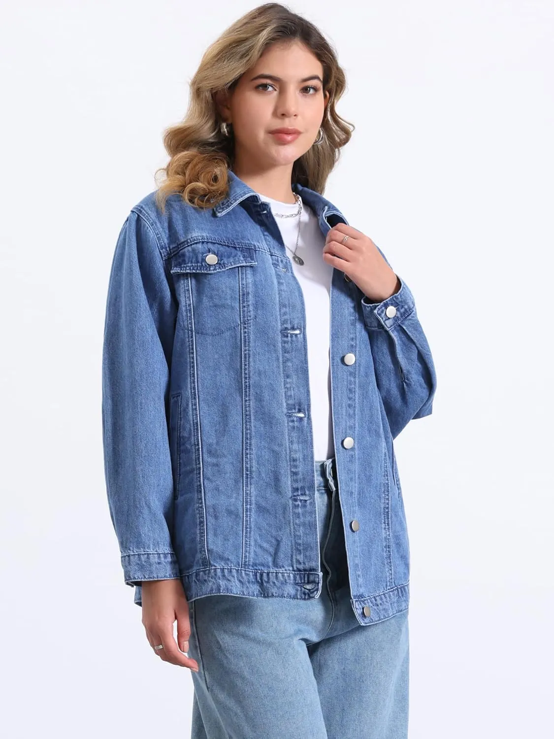 Allegra K Long Denim Jacket for Women's Oversized Long Sleeve Pocket Jean Jacket