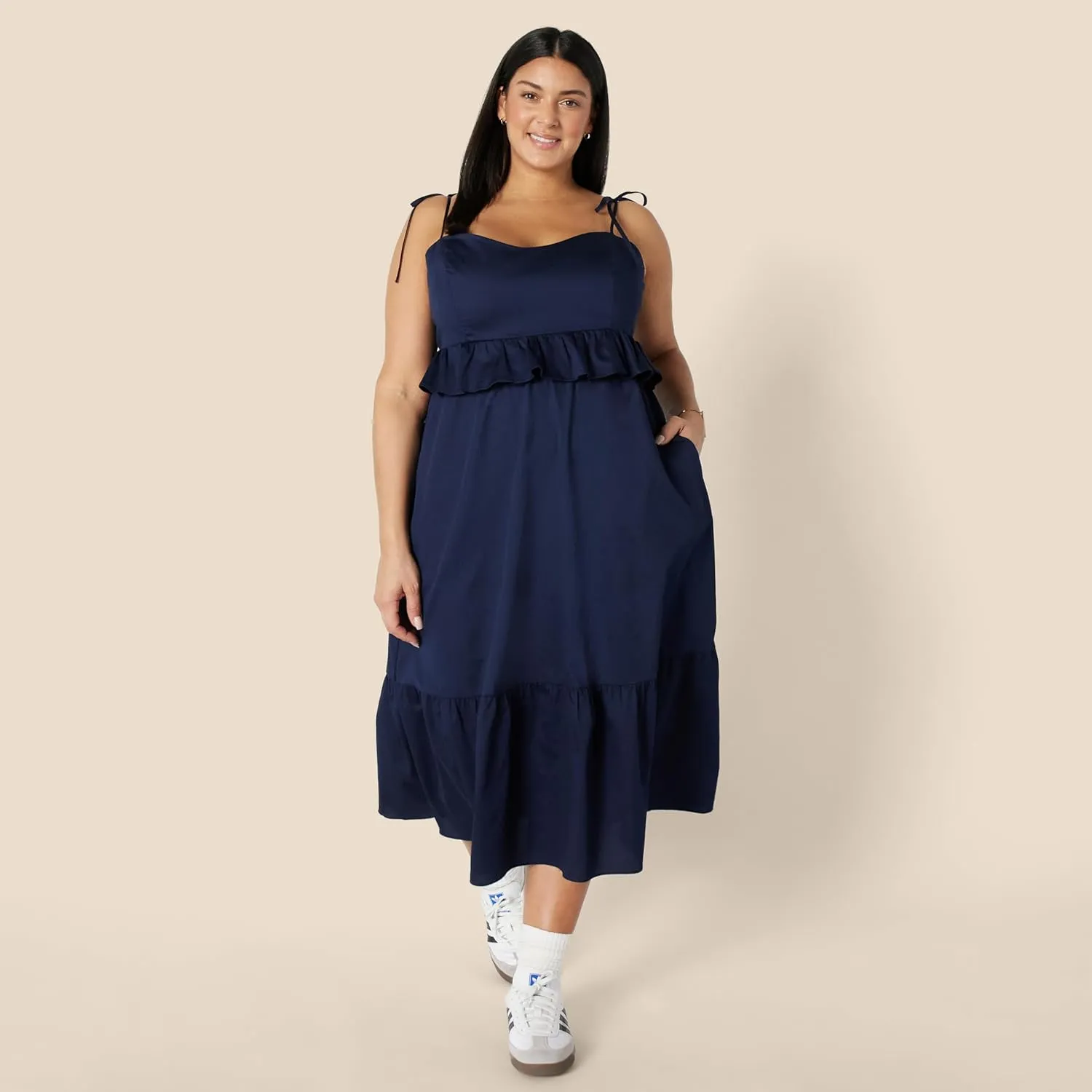 Amazon Essentials Women's Fit and Flare Cotton Sateen Empire Waist Midi Ruffle Dress