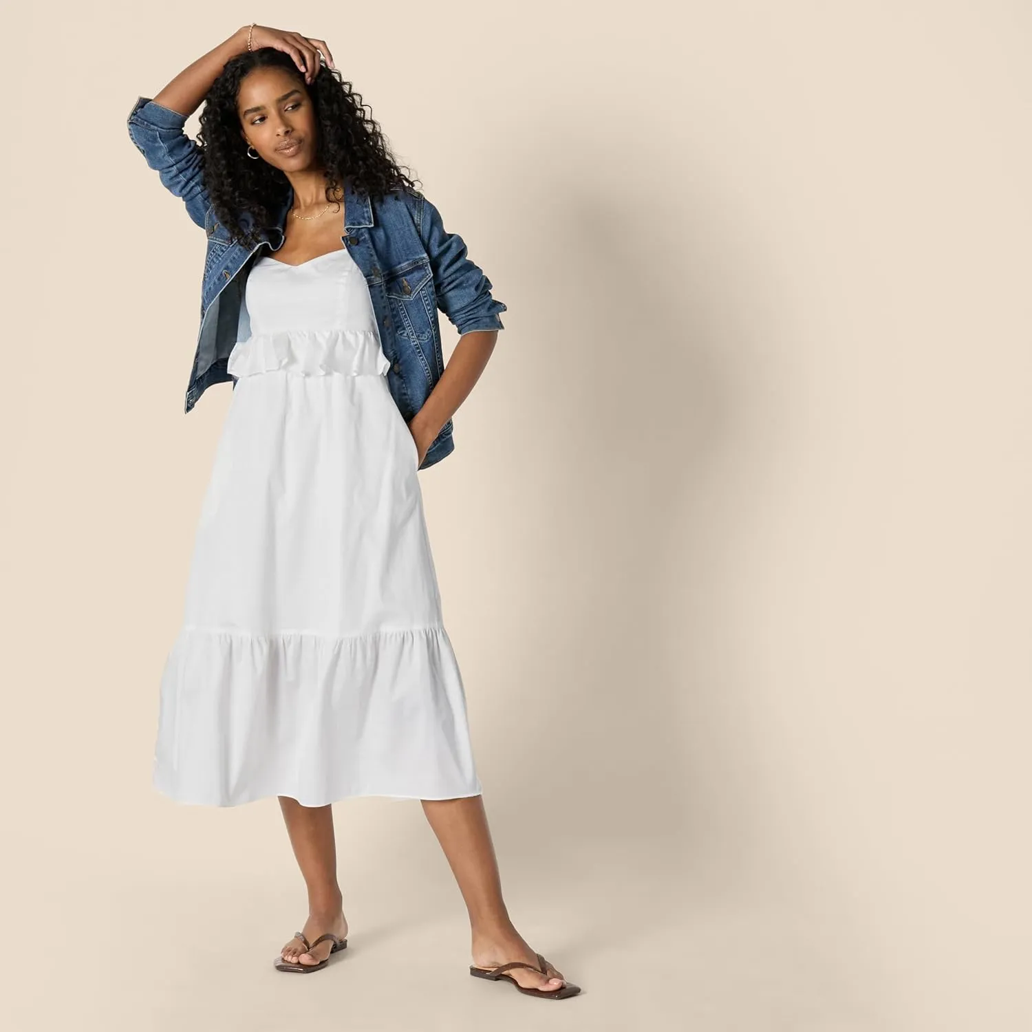 Amazon Essentials Women's Fit and Flare Cotton Sateen Empire Waist Midi Ruffle Dress
