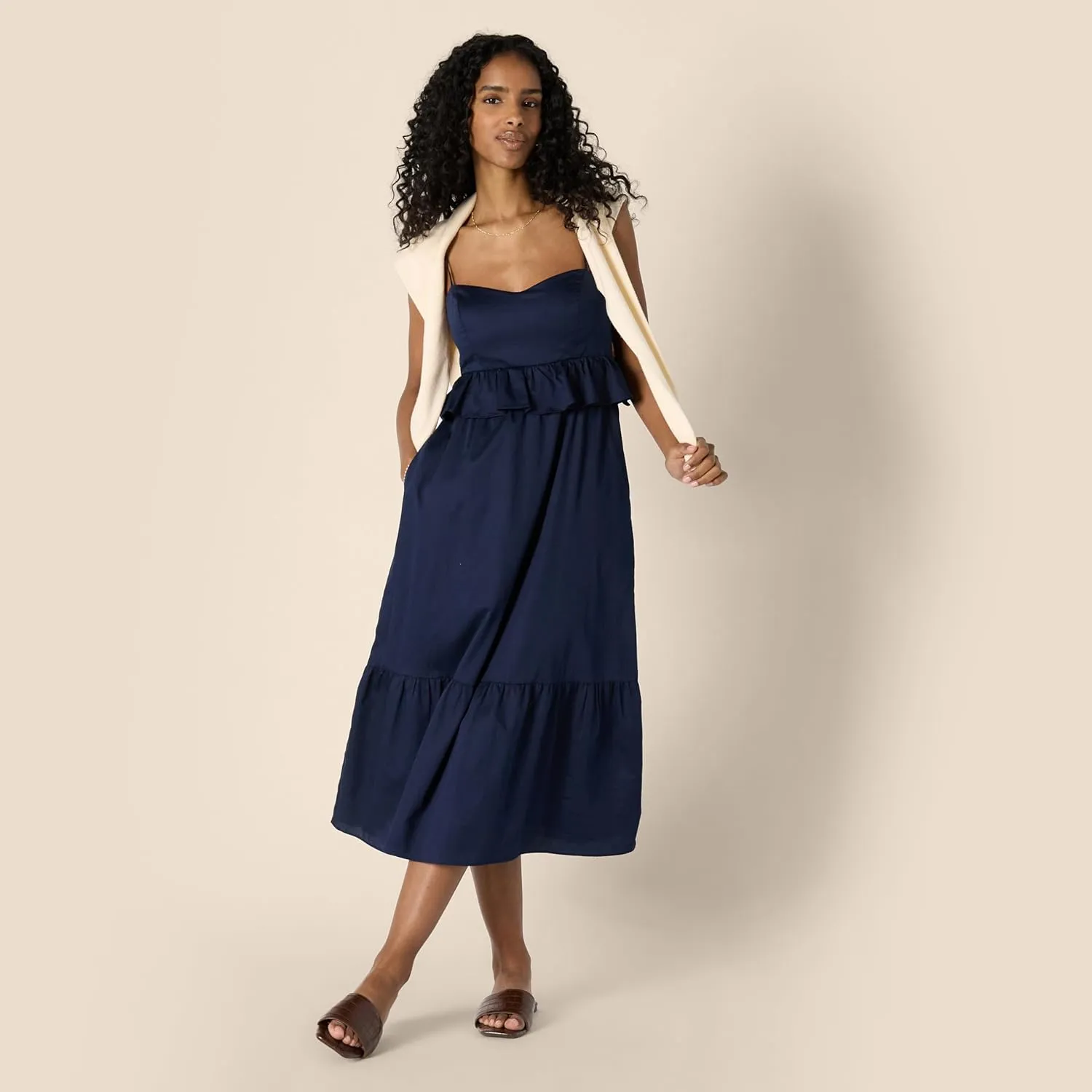Amazon Essentials Women's Fit and Flare Cotton Sateen Empire Waist Midi Ruffle Dress