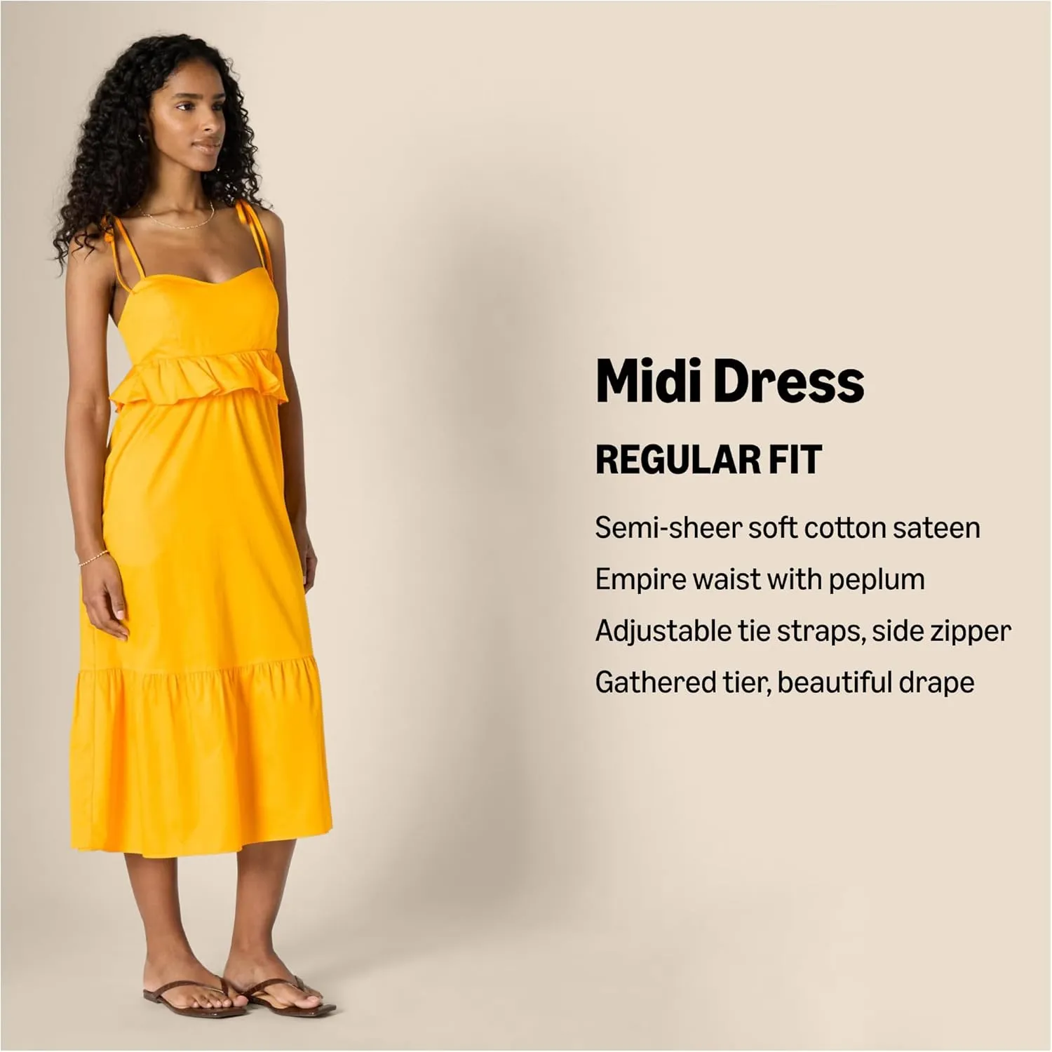Amazon Essentials Women's Fit and Flare Cotton Sateen Empire Waist Midi Ruffle Dress