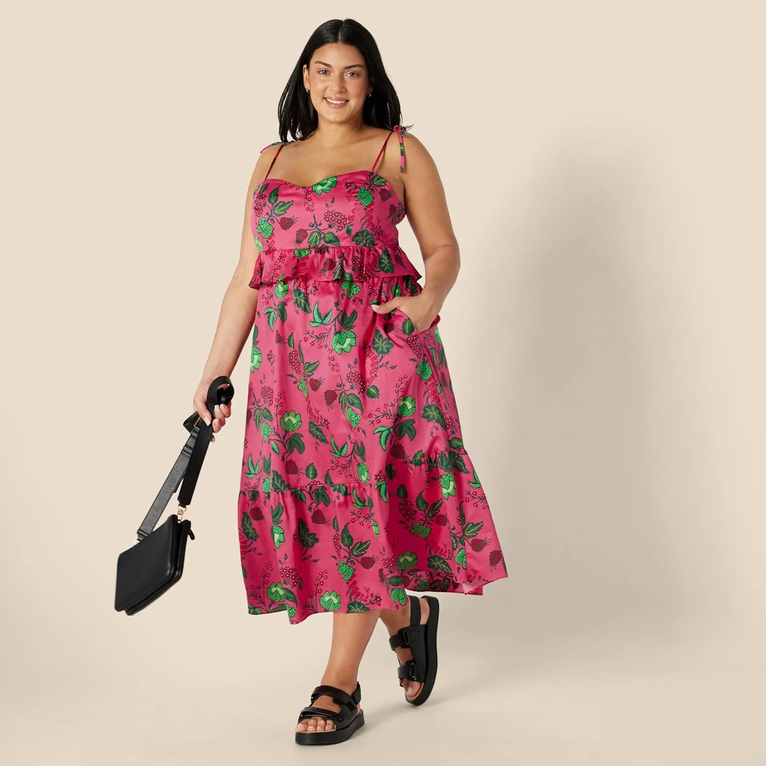 Amazon Essentials Women's Fit and Flare Cotton Sateen Empire Waist Midi Ruffle Dress