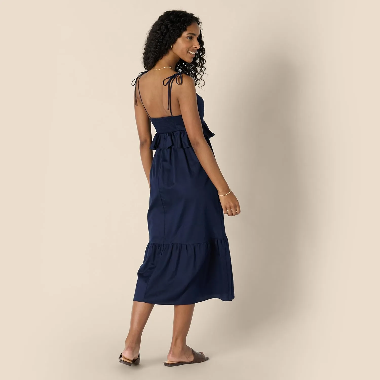 Amazon Essentials Women's Fit and Flare Cotton Sateen Empire Waist Midi Ruffle Dress