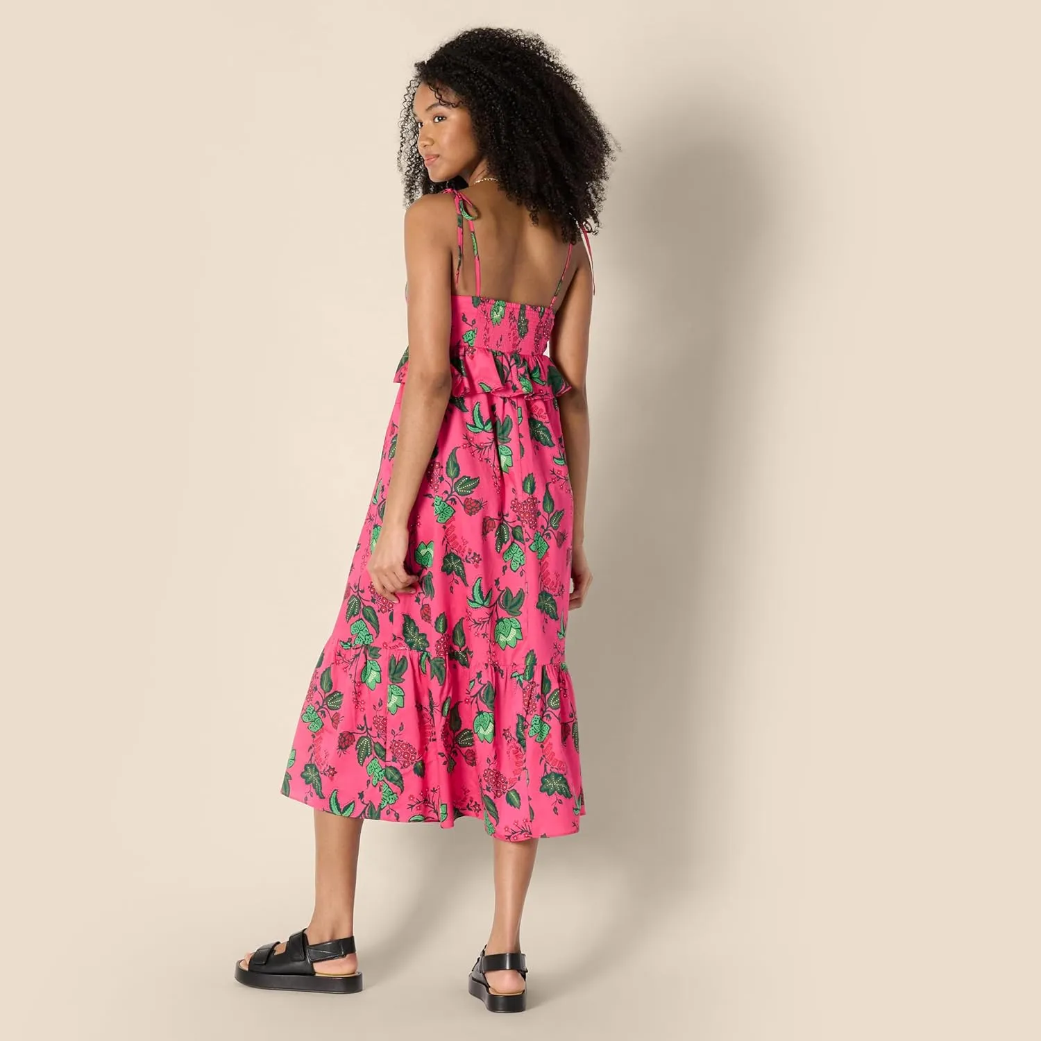 Amazon Essentials Women's Fit and Flare Cotton Sateen Empire Waist Midi Ruffle Dress