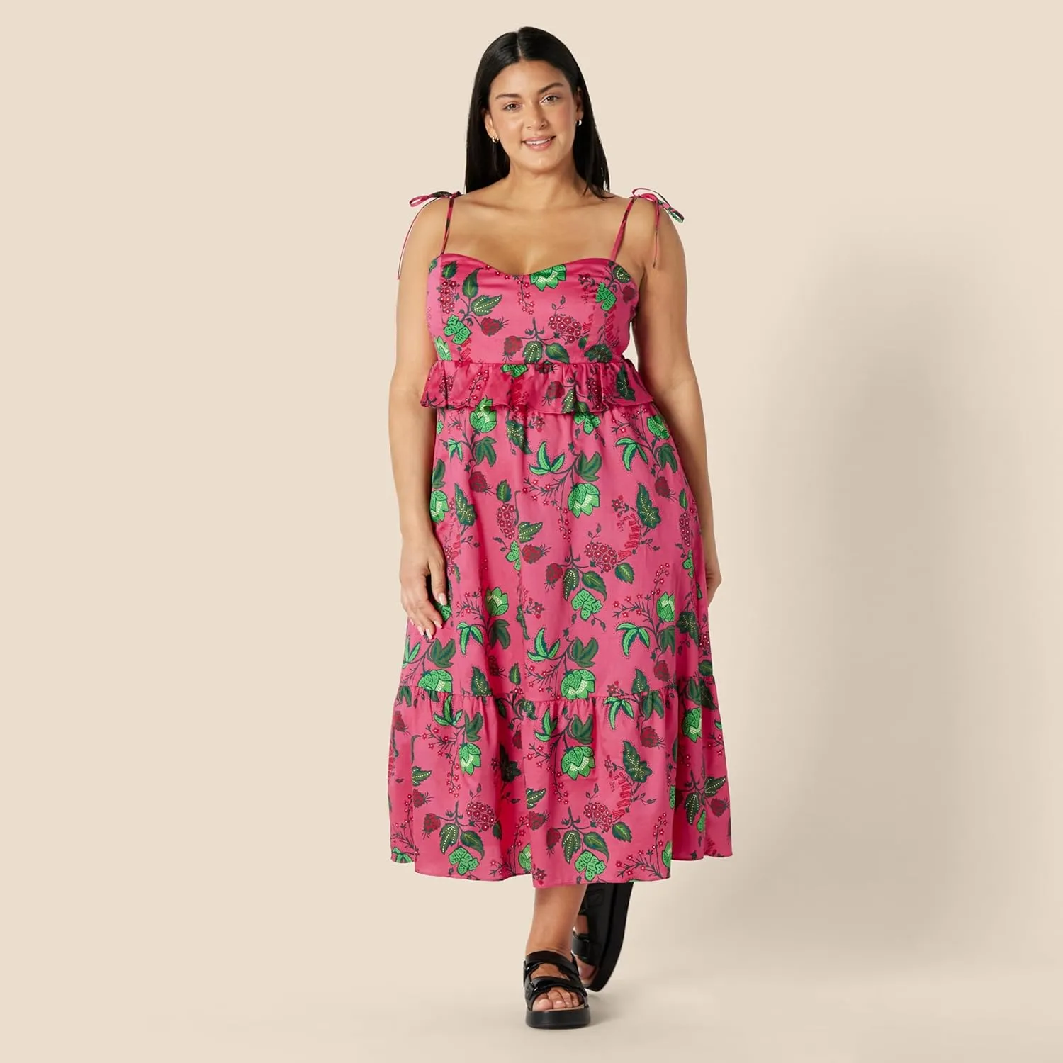 Amazon Essentials Women's Fit and Flare Cotton Sateen Empire Waist Midi Ruffle Dress
