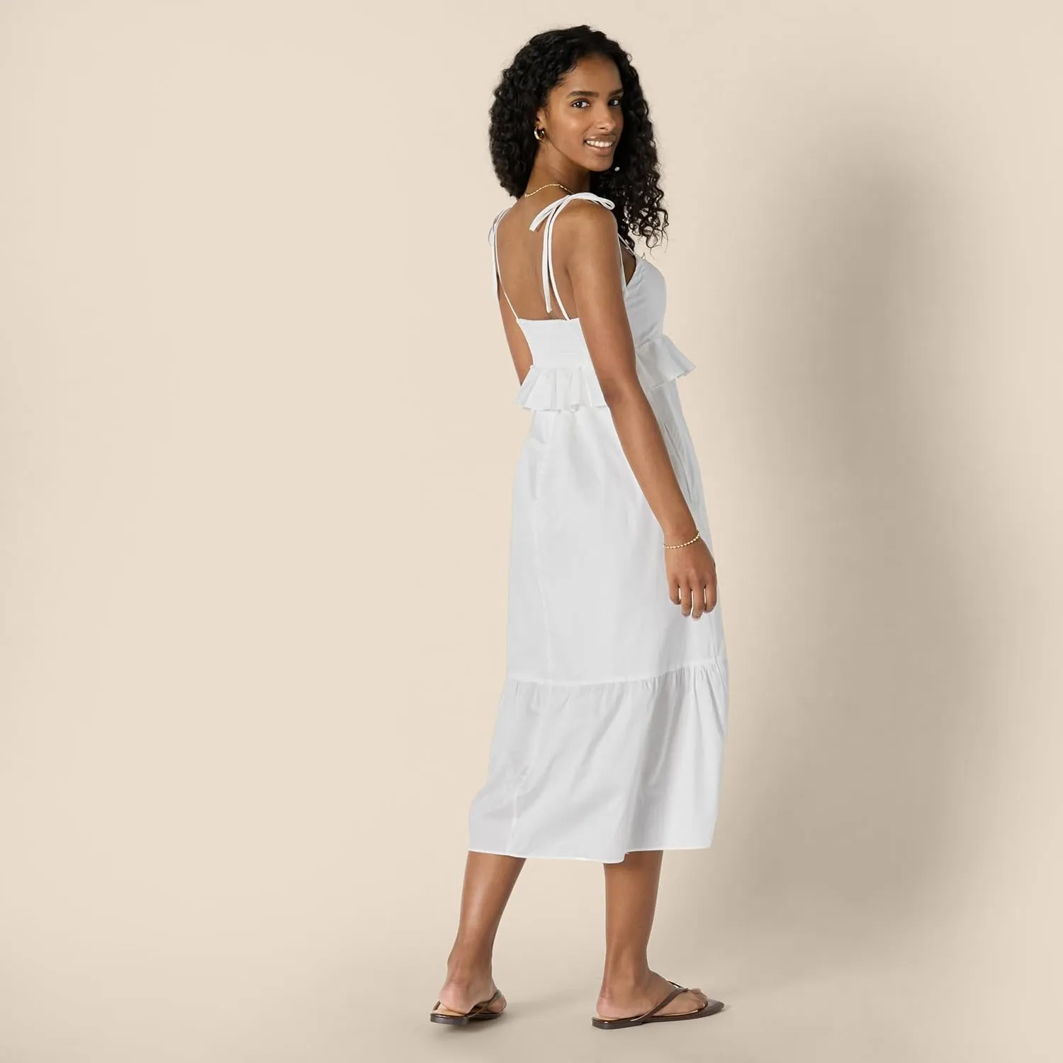Amazon Essentials Women's Fit and Flare Cotton Sateen Empire Waist Midi Ruffle Dress