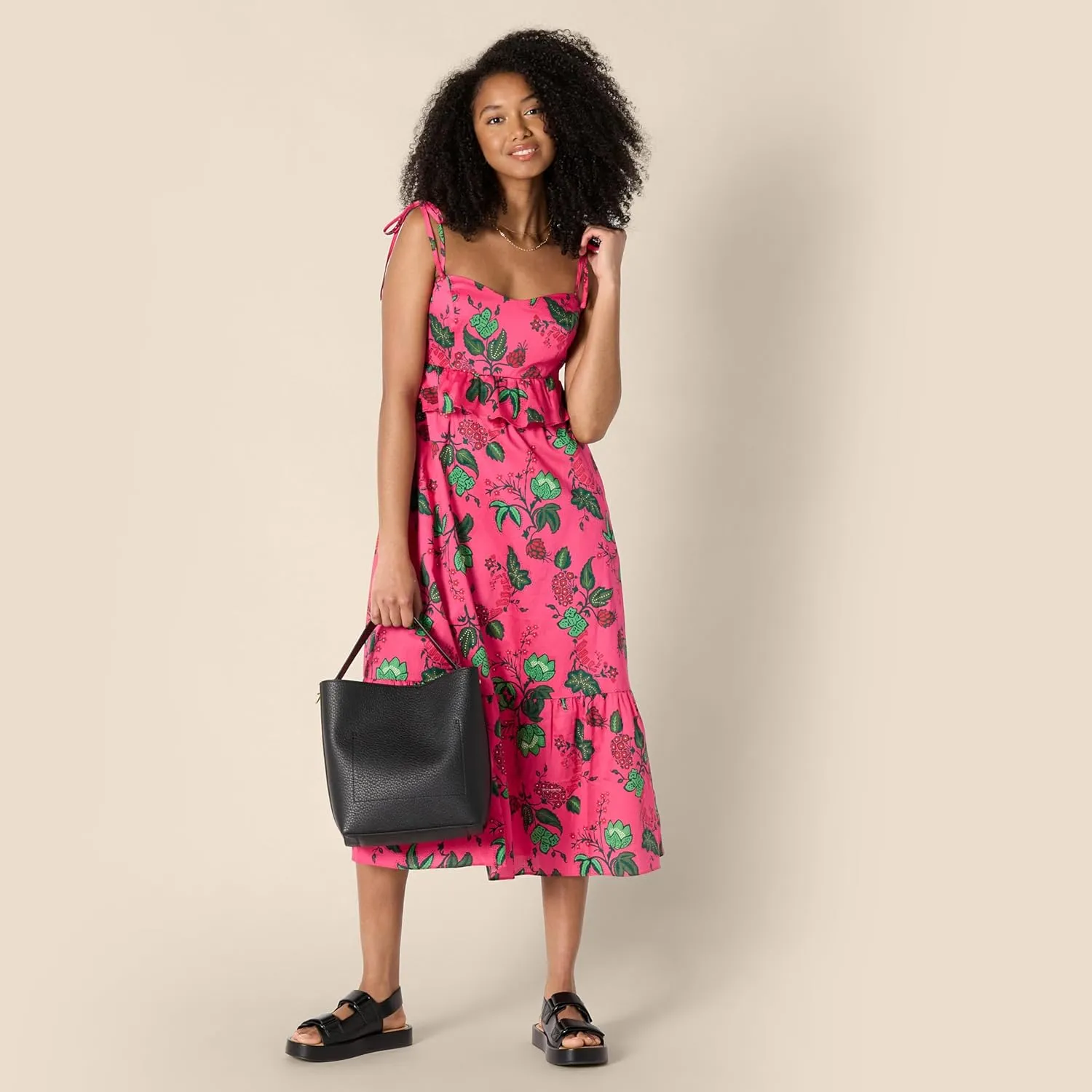 Amazon Essentials Women's Fit and Flare Cotton Sateen Empire Waist Midi Ruffle Dress
