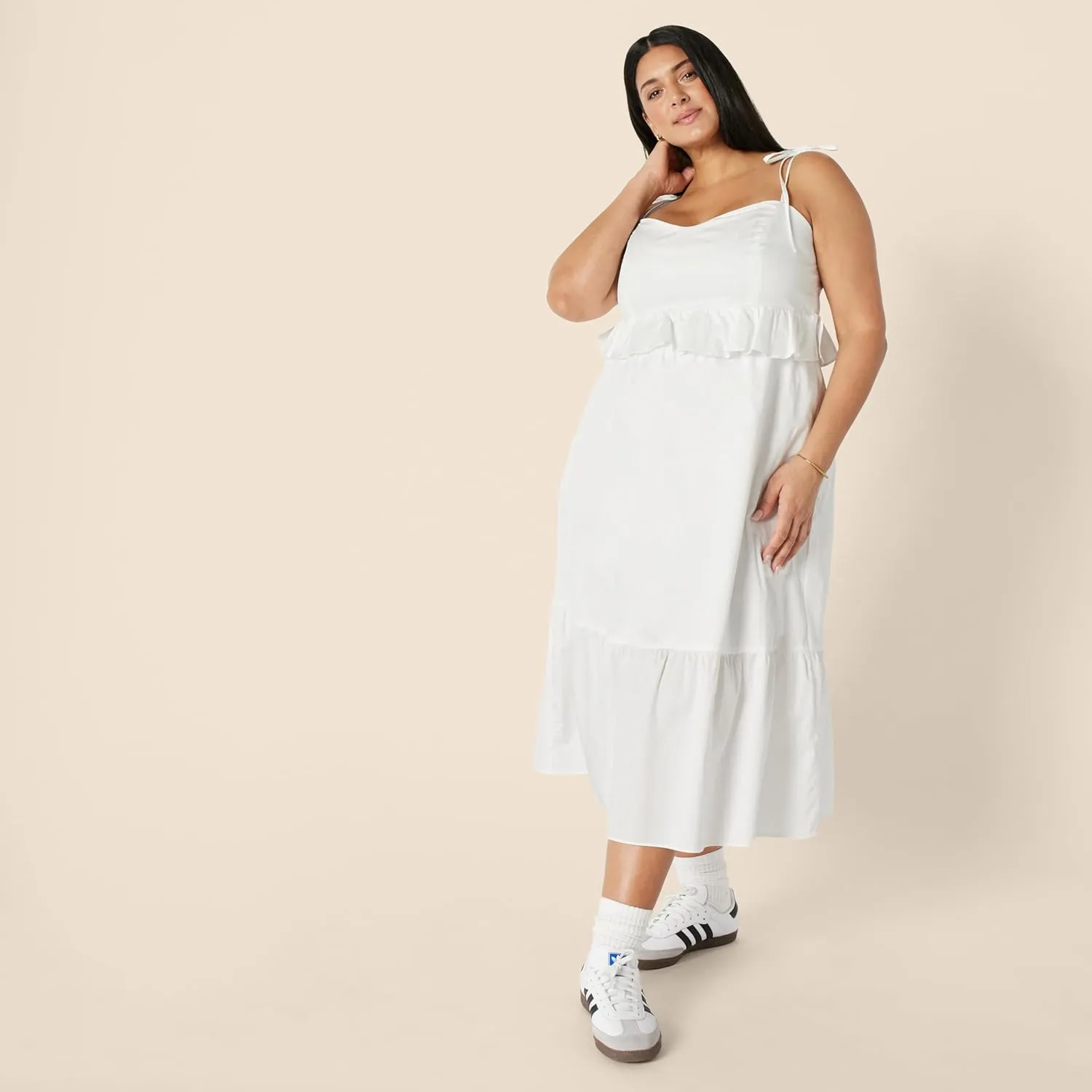 Amazon Essentials Women's Fit and Flare Cotton Sateen Empire Waist Midi Ruffle Dress