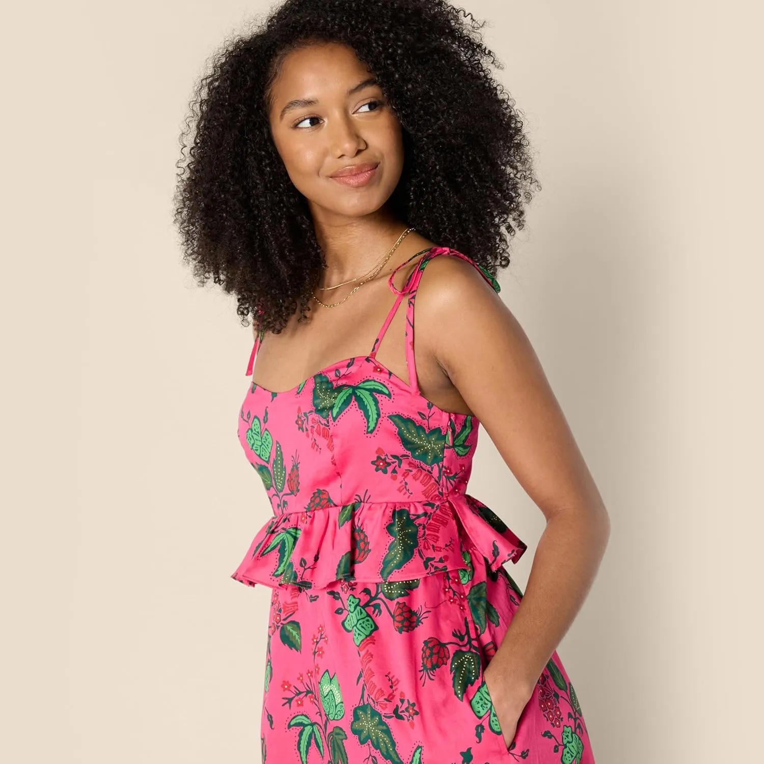 Amazon Essentials Women's Fit and Flare Cotton Sateen Empire Waist Midi Ruffle Dress