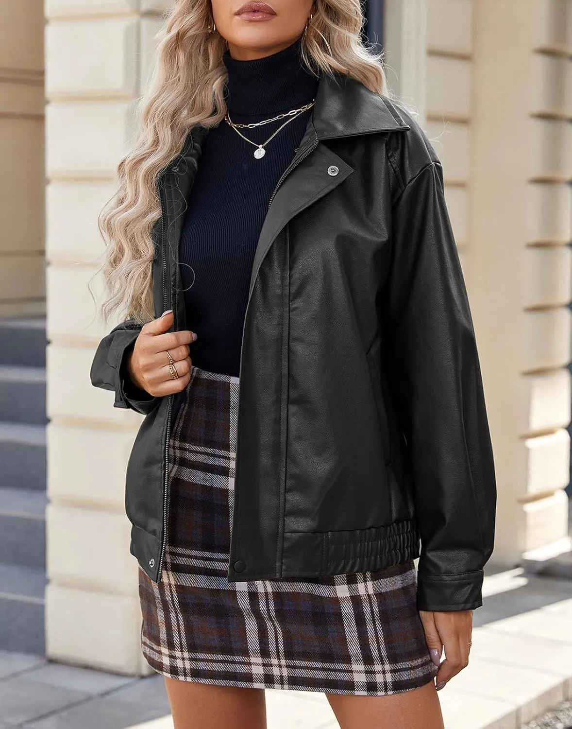 American Trends Leather Jacket Women Bomber Pleather Jacket Oversized Leather Blazer Biker Motorcycle Jacket
