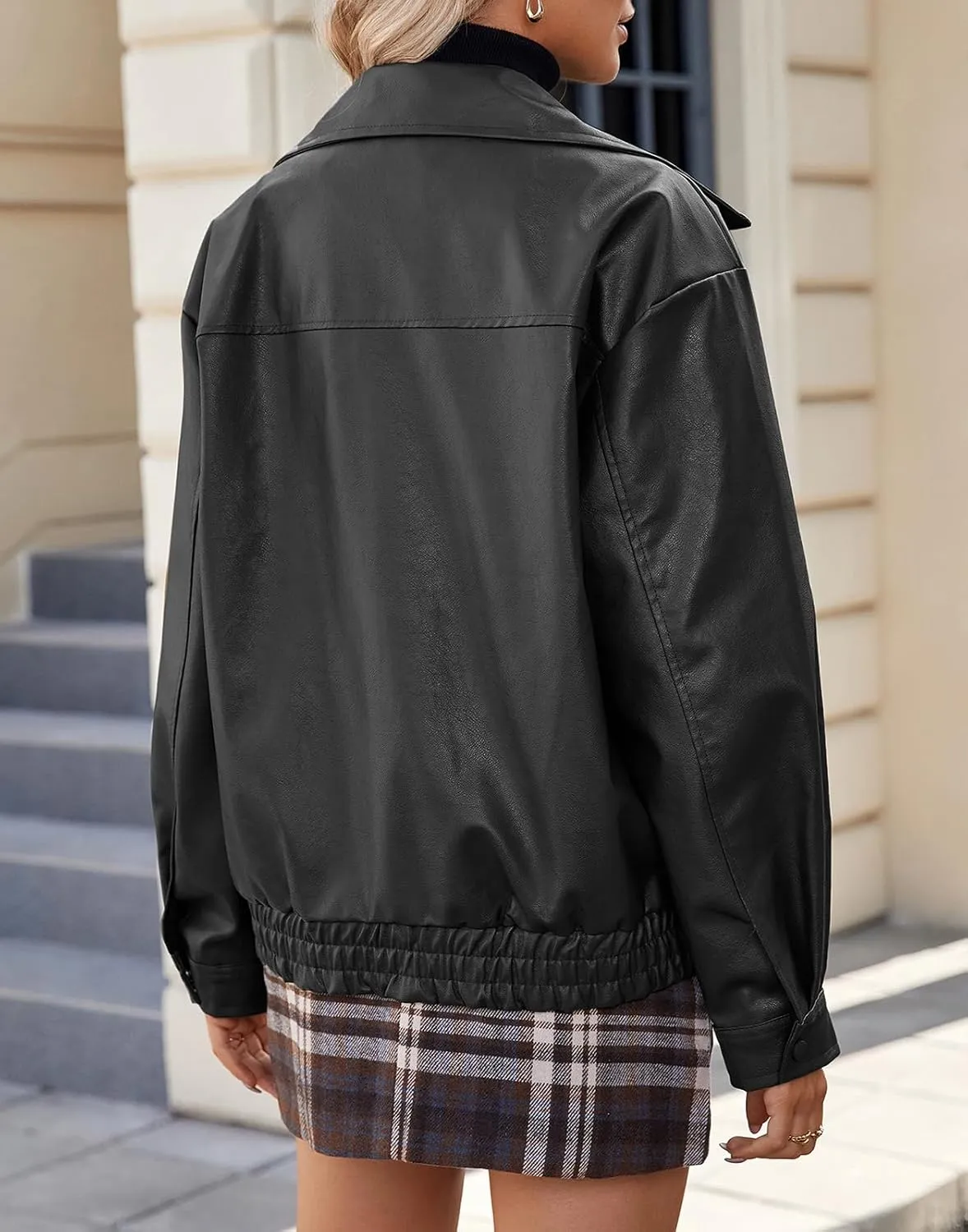 American Trends Leather Jacket Women Bomber Pleather Jacket Oversized Leather Blazer Biker Motorcycle Jacket