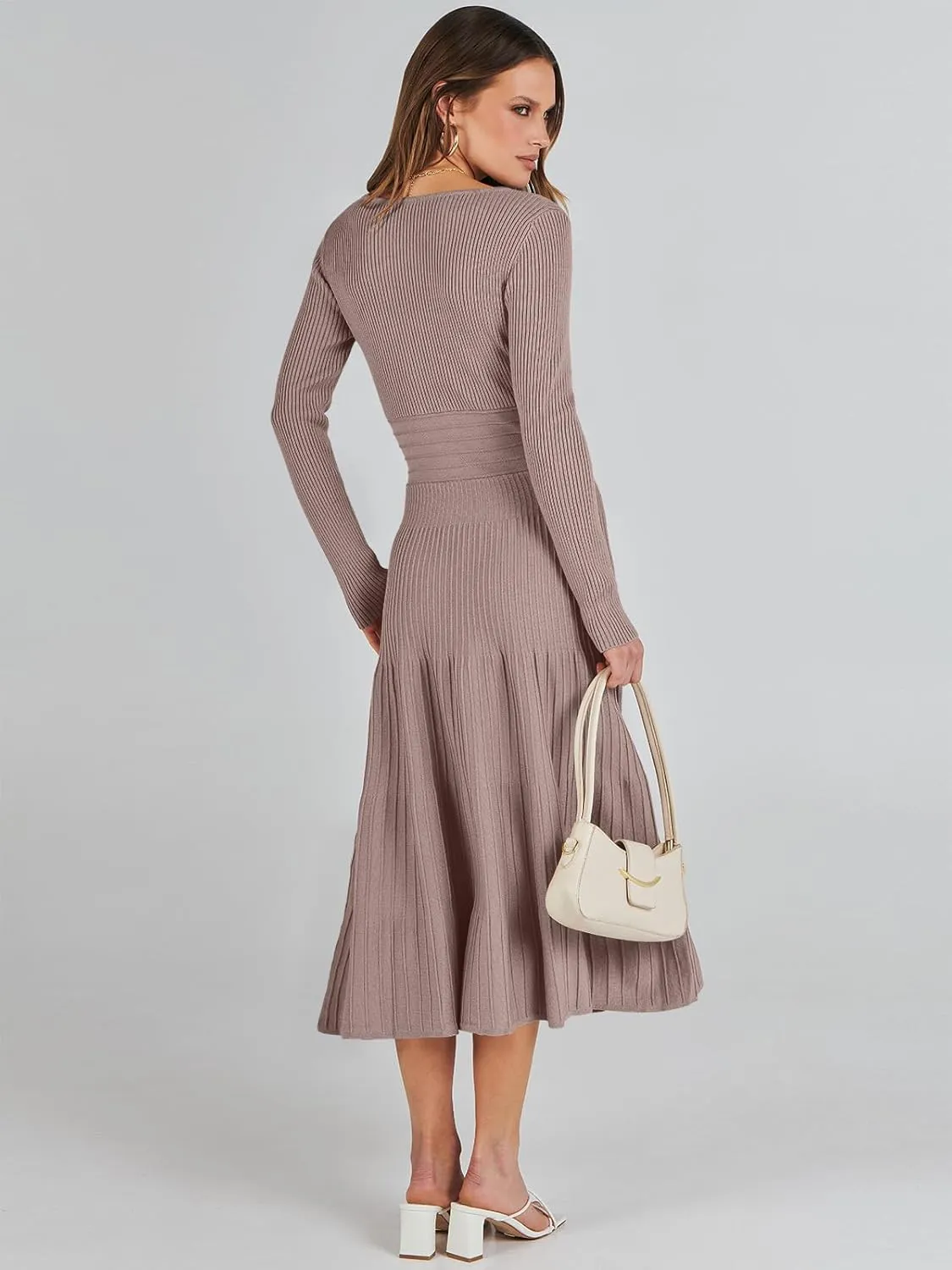 ANRABESS Womens Wrap Midi Sweater Dresses Long Sleeve V Neck Bodycon High Waist Ribbed Knit Pleated A-Line Dress 2024 Trendy