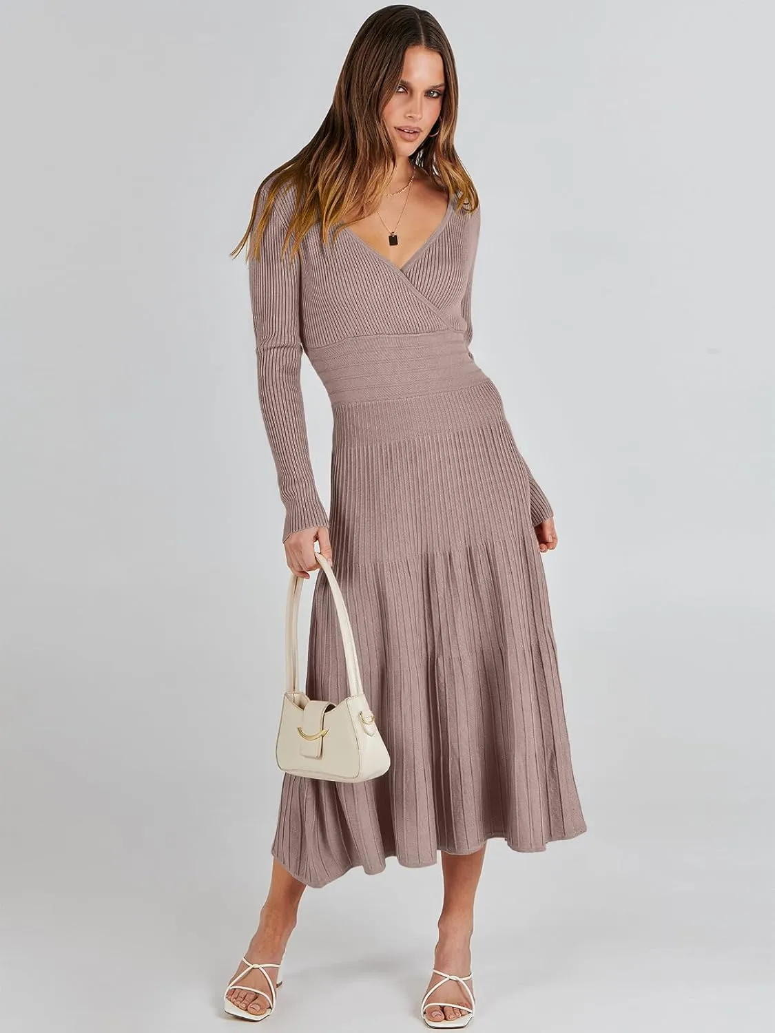 ANRABESS Womens Wrap Midi Sweater Dresses Long Sleeve V Neck Bodycon High Waist Ribbed Knit Pleated A-Line Dress 2024 Trendy