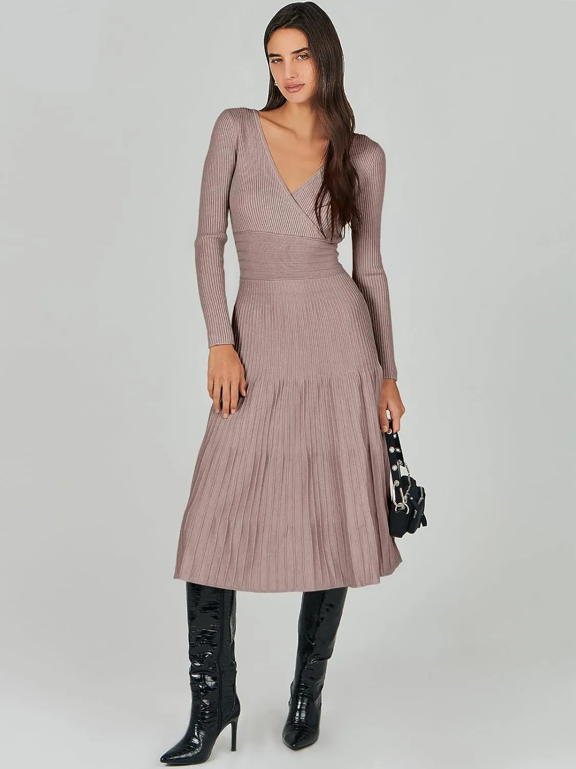 ANRABESS Womens Wrap Midi Sweater Dresses Long Sleeve V Neck Bodycon High Waist Ribbed Knit Pleated A-Line Dress 2024 Trendy