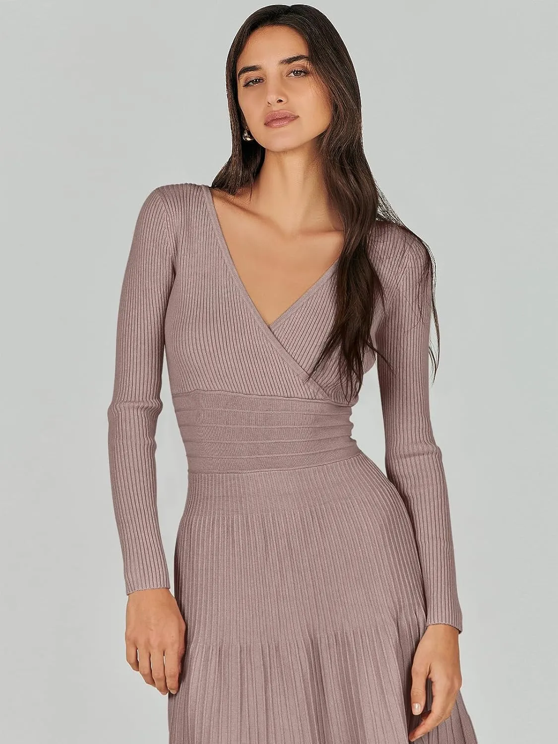 ANRABESS Womens Wrap Midi Sweater Dresses Long Sleeve V Neck Bodycon High Waist Ribbed Knit Pleated A-Line Dress 2024 Trendy
