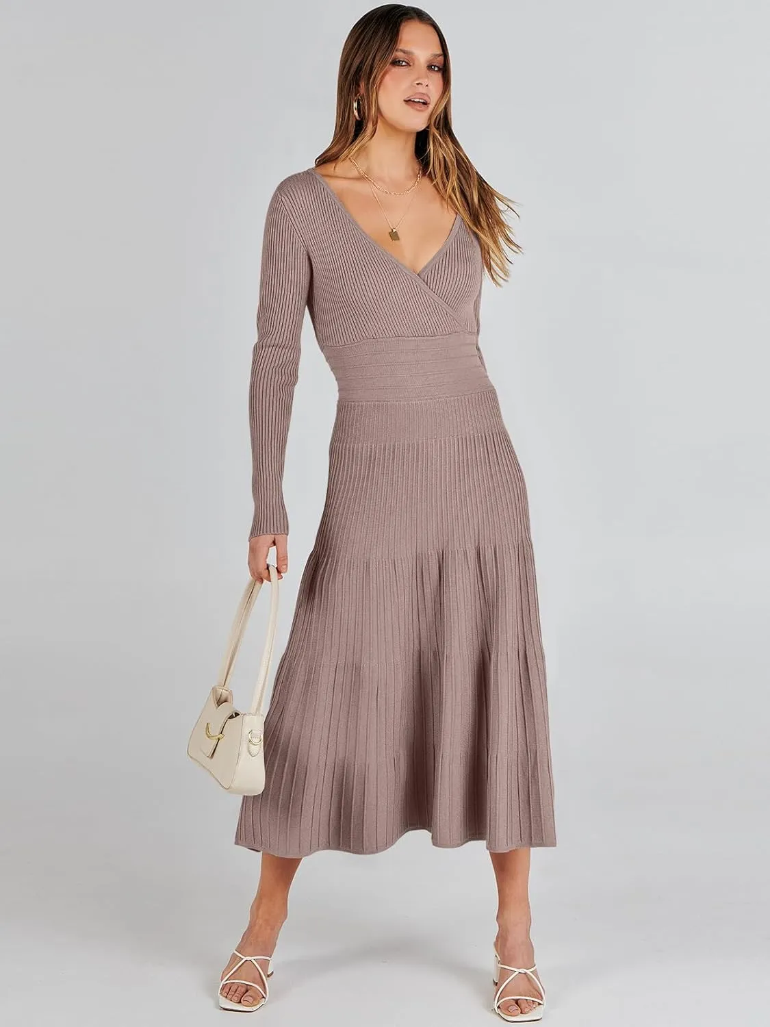 ANRABESS Womens Wrap Midi Sweater Dresses Long Sleeve V Neck Bodycon High Waist Ribbed Knit Pleated A-Line Dress 2024 Trendy