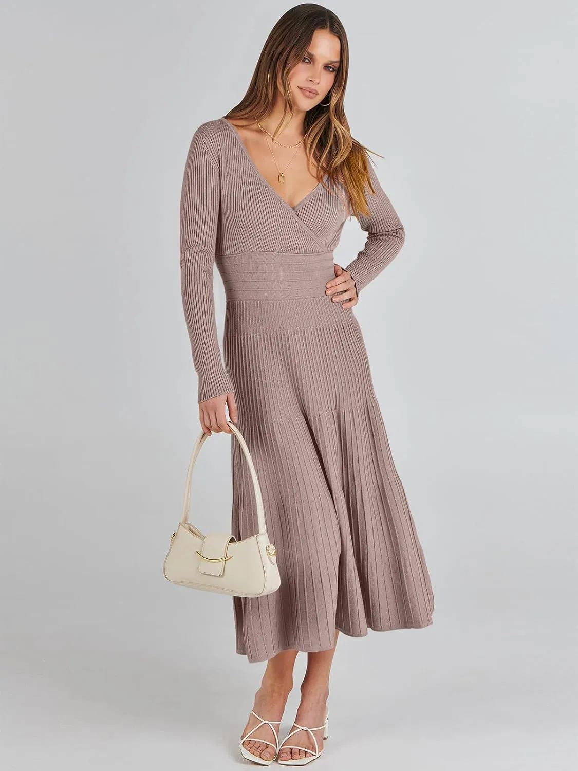 ANRABESS Womens Wrap Midi Sweater Dresses Long Sleeve V Neck Bodycon High Waist Ribbed Knit Pleated A-Line Dress 2024 Trendy