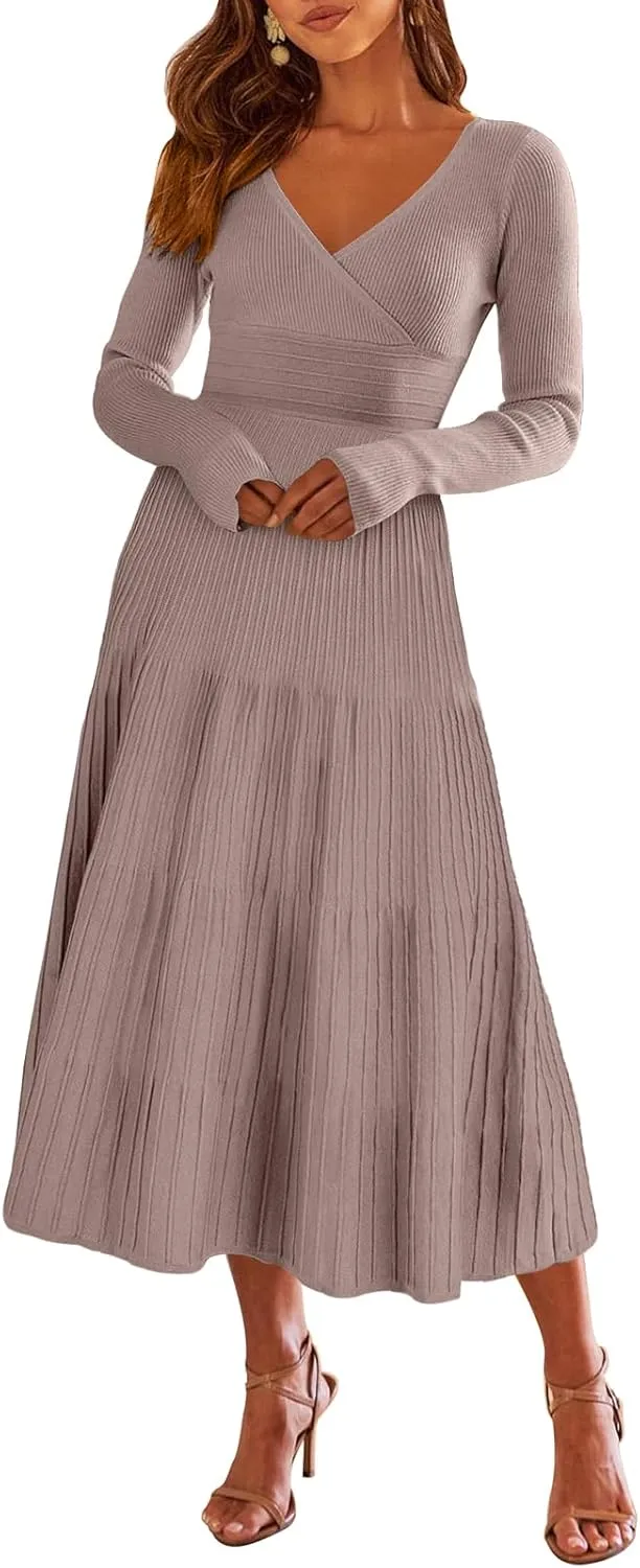 ANRABESS Womens Wrap Midi Sweater Dresses Long Sleeve V Neck Bodycon High Waist Ribbed Knit Pleated A-Line Dress 2024 Trendy