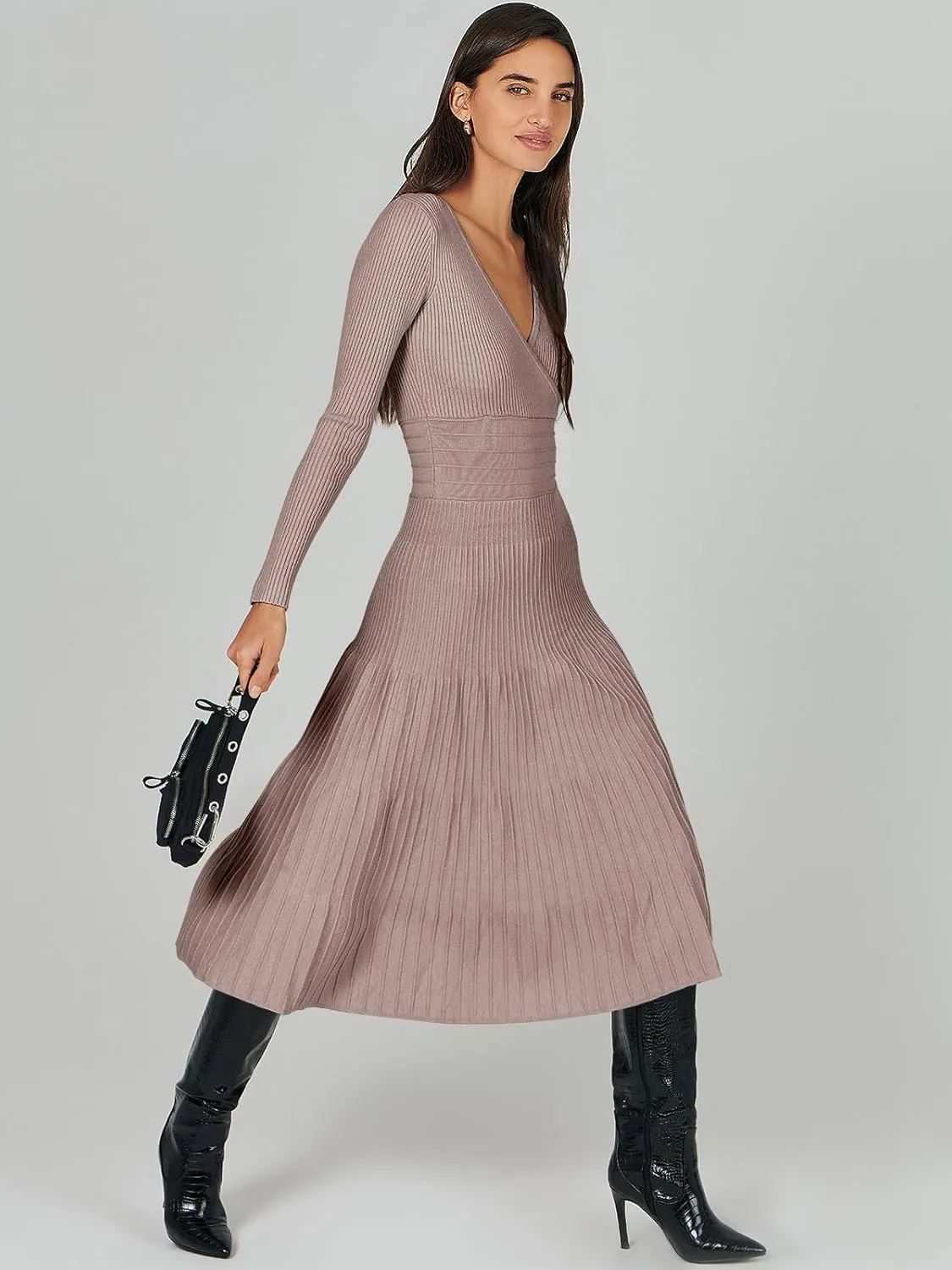 ANRABESS Womens Wrap Midi Sweater Dresses Long Sleeve V Neck Bodycon High Waist Ribbed Knit Pleated A-Line Dress 2024 Trendy