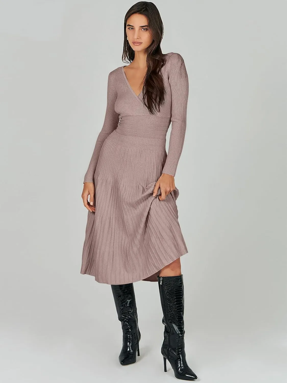 ANRABESS Womens Wrap Midi Sweater Dresses Long Sleeve V Neck Bodycon High Waist Ribbed Knit Pleated A-Line Dress 2024 Trendy