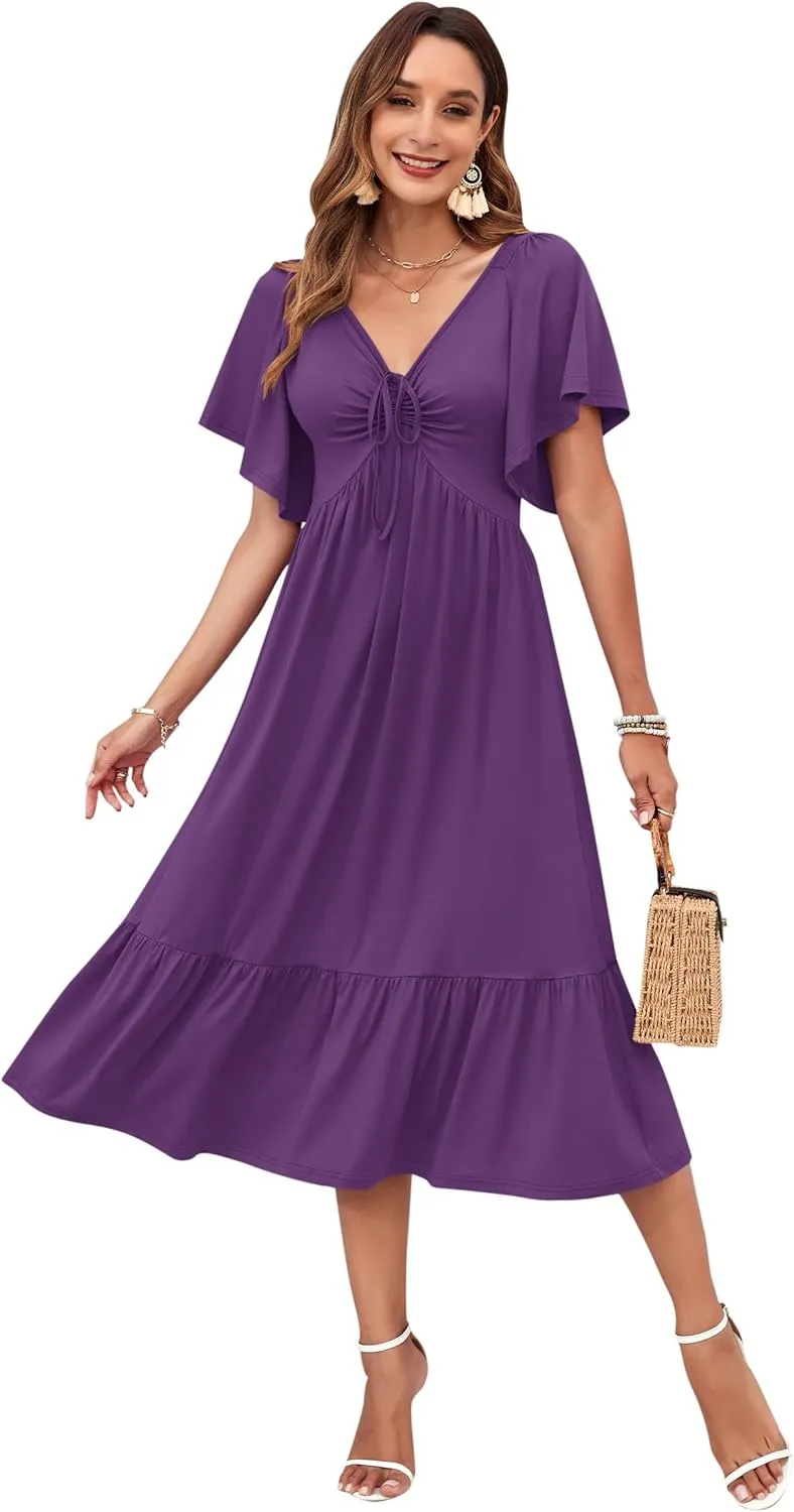AUSELILY Women's 2025 New Summer Empire Waist Dress Drawstring Pleating Flutter Short Sleeve V Neck Midi Dresses