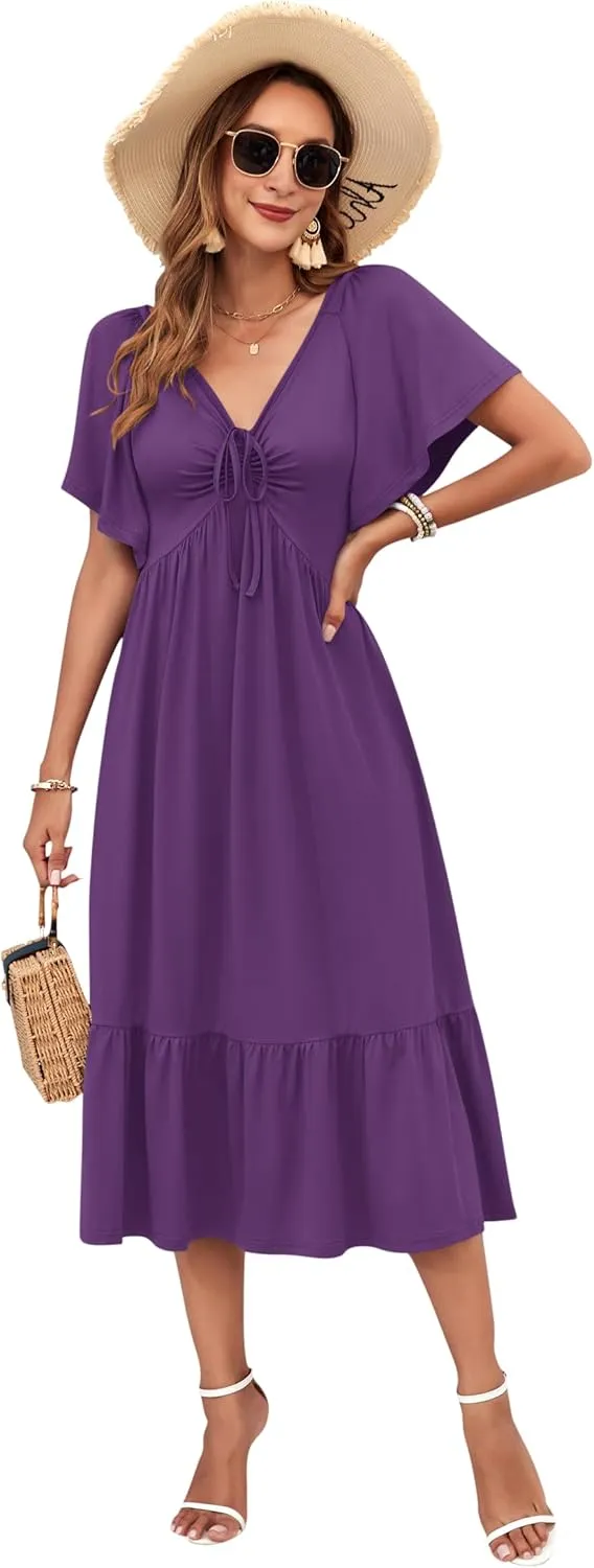 AUSELILY Women's 2025 New Summer Empire Waist Dress Drawstring Pleating Flutter Short Sleeve V Neck Midi Dresses
