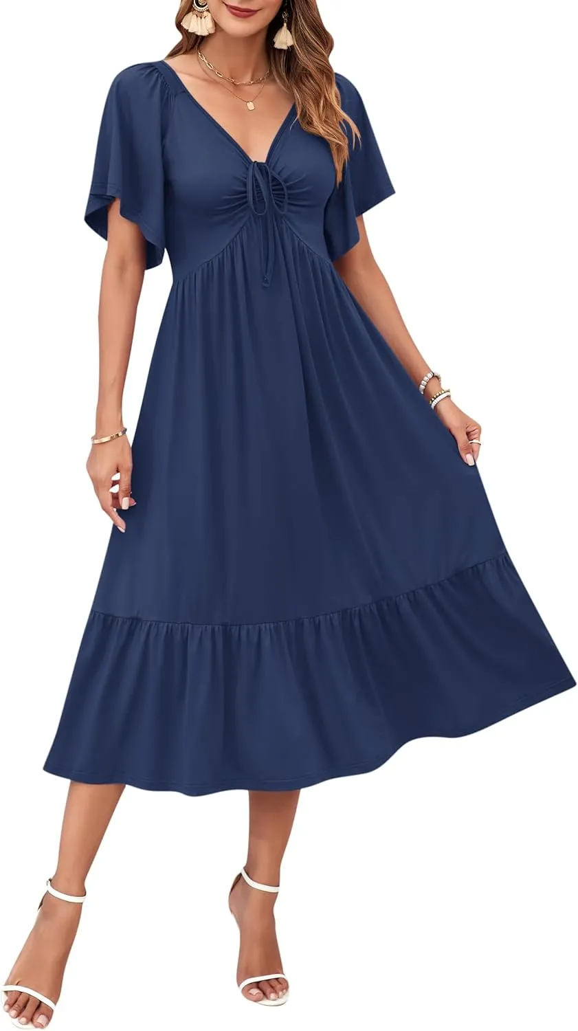 AUSELILY Women's 2025 New Summer Empire Waist Dress Drawstring Pleating Flutter Short Sleeve V Neck Midi Dresses