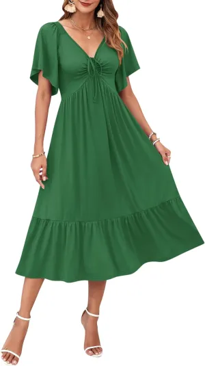 AUSELILY Women's 2025 New Summer Empire Waist Dress Drawstring Pleating Flutter Short Sleeve V Neck Midi Dresses
