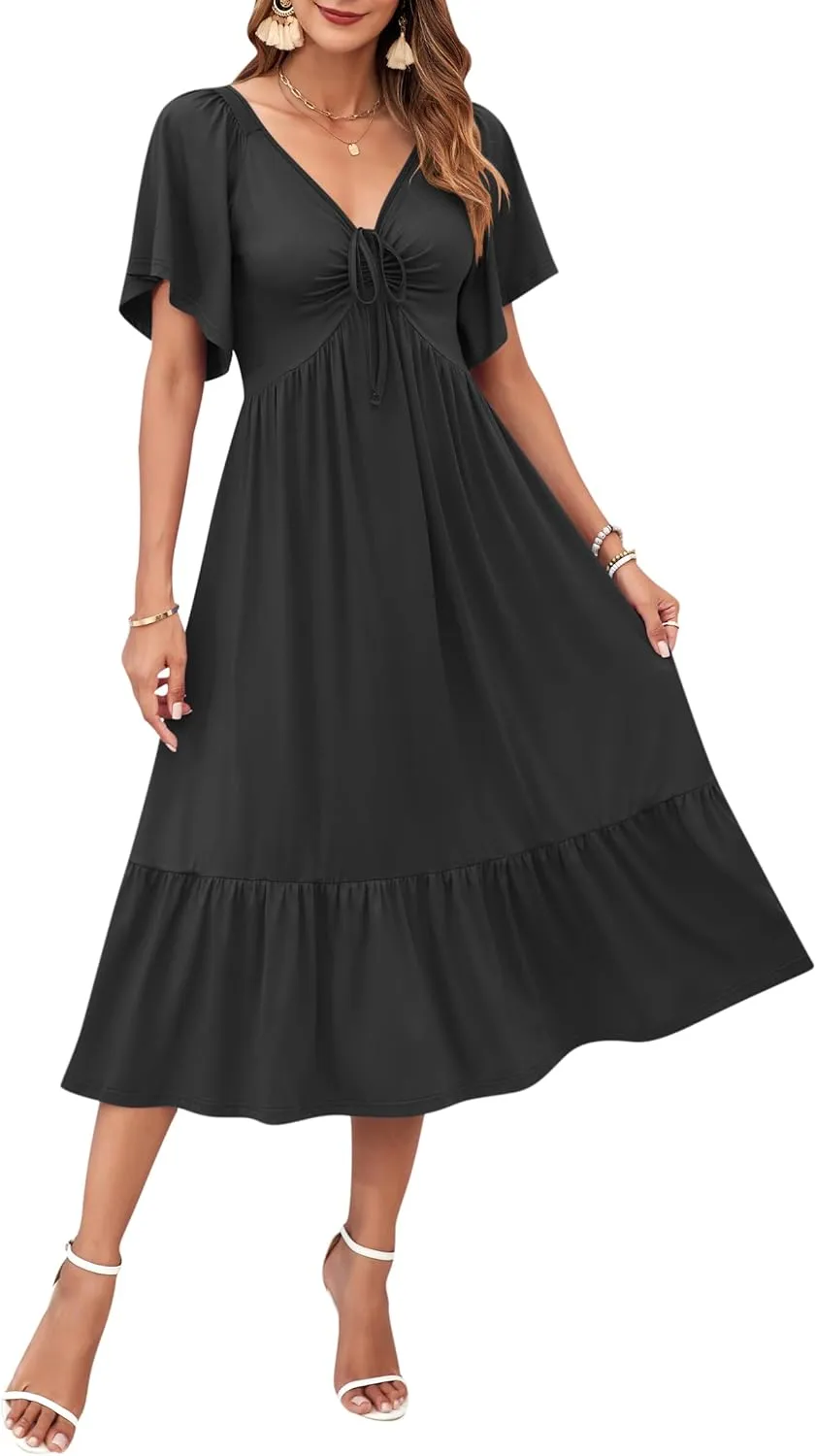 AUSELILY Women's 2025 New Summer Empire Waist Dress Drawstring Pleating Flutter Short Sleeve V Neck Midi Dresses