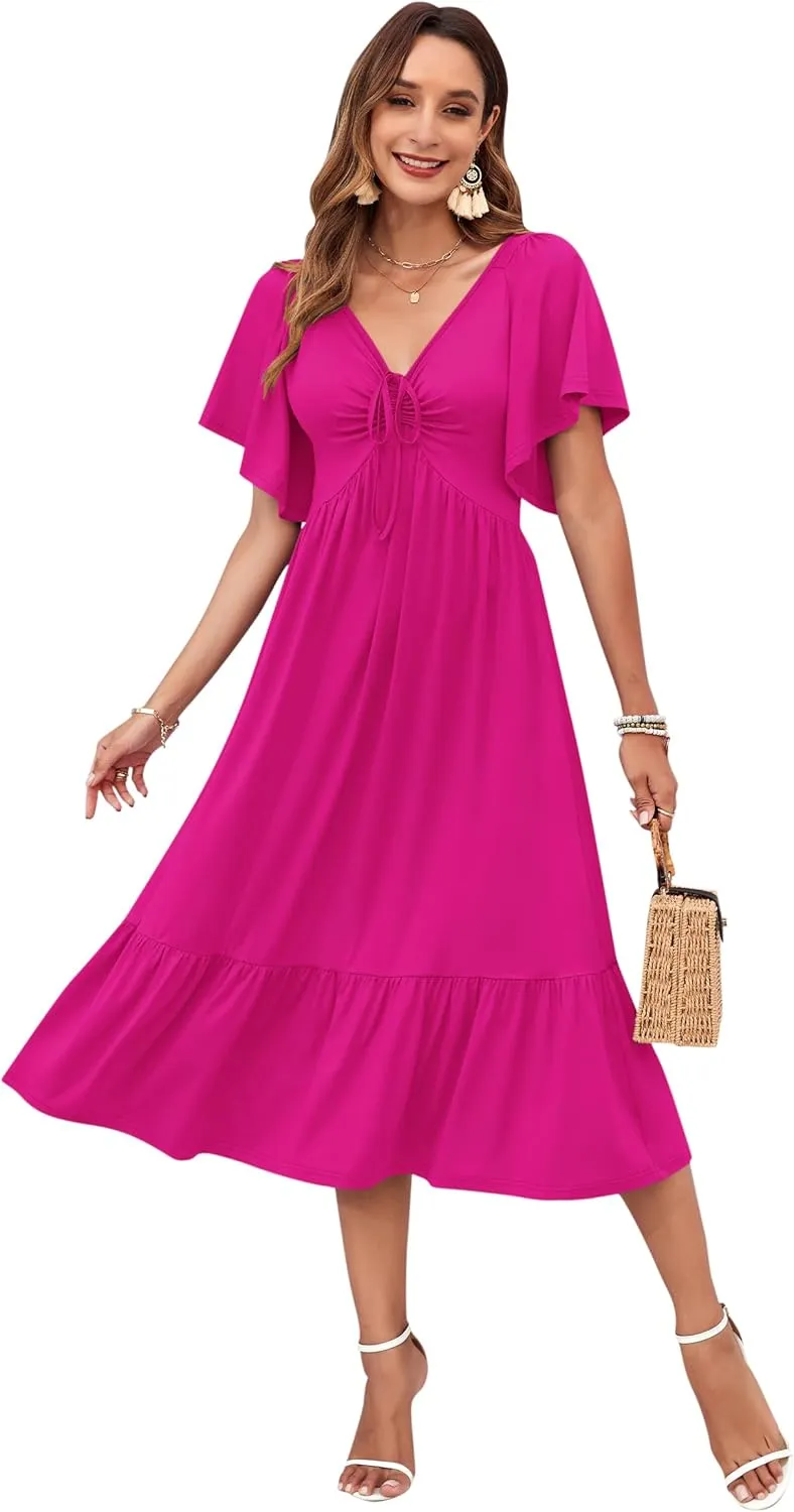 AUSELILY Women's 2025 New Summer Empire Waist Dress Drawstring Pleating Flutter Short Sleeve V Neck Midi Dresses