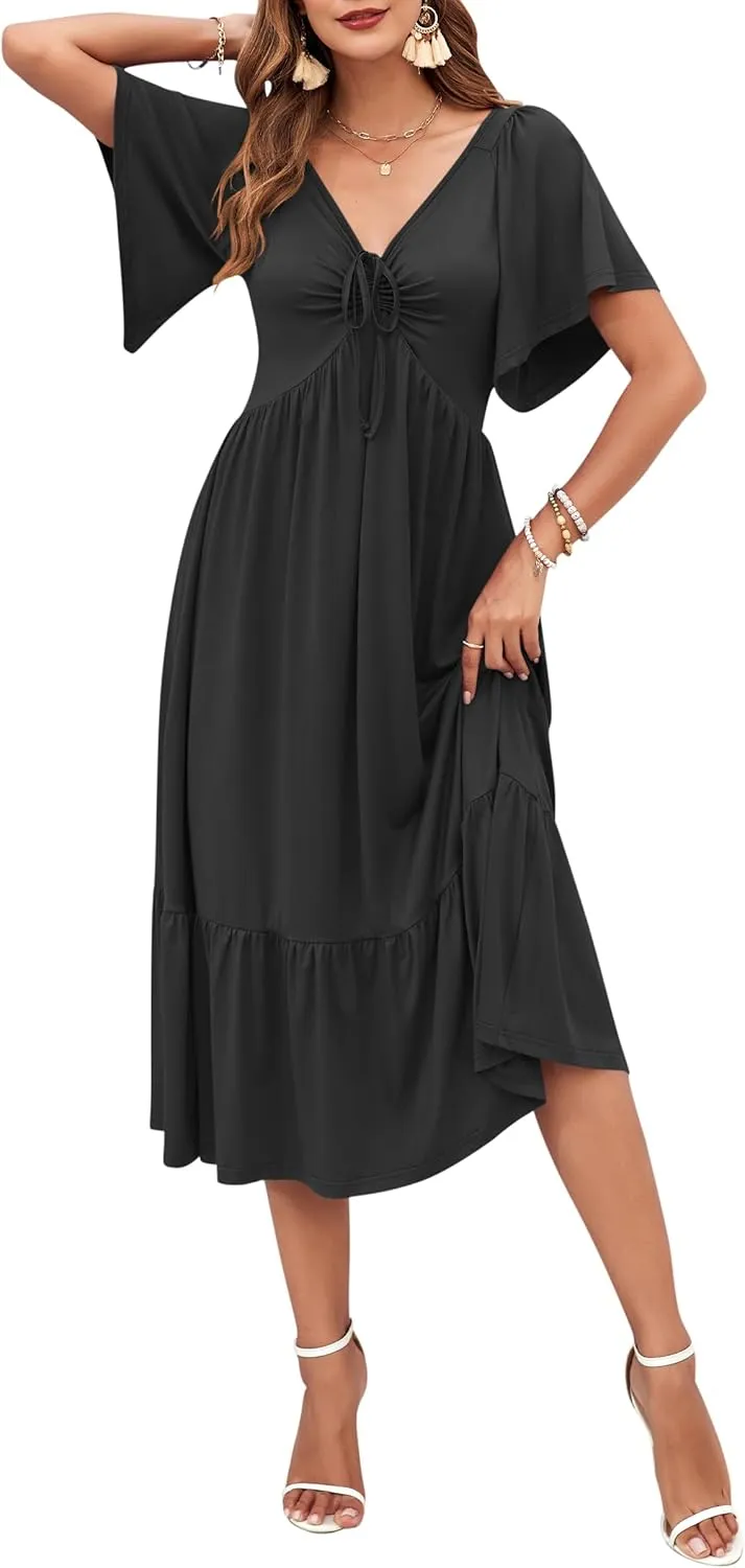 AUSELILY Women's 2025 New Summer Empire Waist Dress Drawstring Pleating Flutter Short Sleeve V Neck Midi Dresses