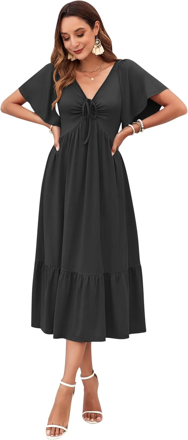AUSELILY Women's 2025 New Summer Empire Waist Dress Drawstring Pleating Flutter Short Sleeve V Neck Midi Dresses